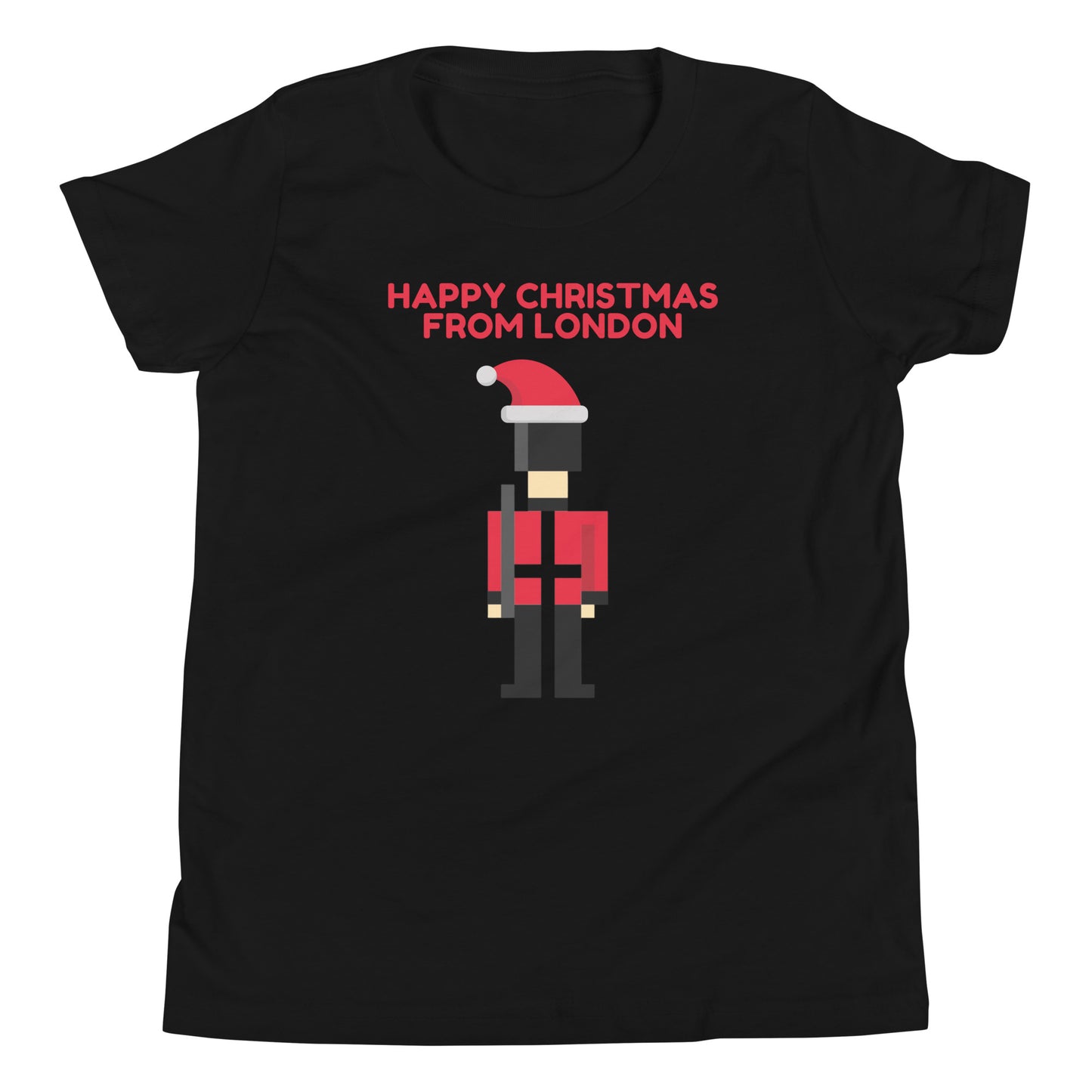 Black t-shirt featuring pixel art of a British guard in traditional red uniform, wearing a Santa hat, with the festive red text ‘Happy Christmas from London’ above. This London-themed Christmas shirt is a perfect holiday gift for those who love British culture and iconic London imagery. Ideal for Christmas gift shoppers looking for unique UK-themed presents and festive apparel