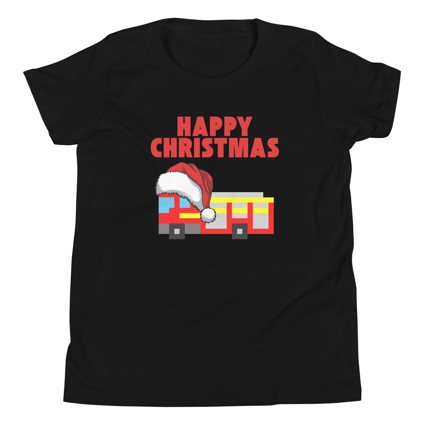 Black t-shirt featuring a pixel art London fire truck wearing a Santa hat, with bold red text ‘Happy Christmas’ above. This festive and playful London-themed Christmas shirt is perfect for the holiday season, combining British charm with a cheerful holiday twist. An ideal Christmas gift for fans of London, unique holiday apparel, and iconic city-inspired designs.