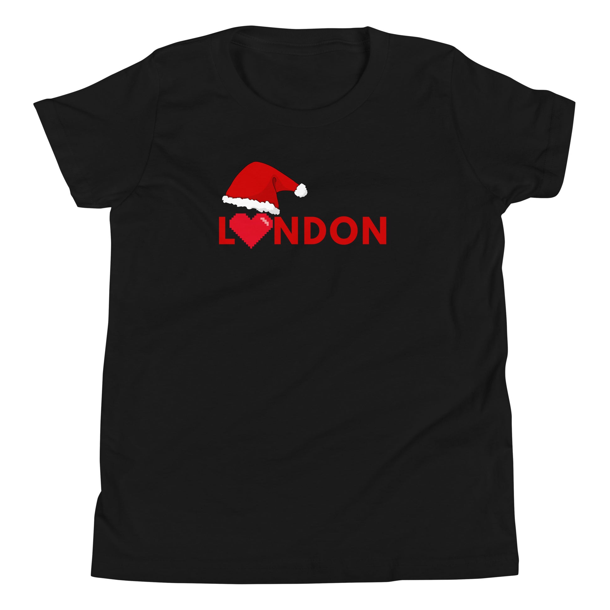 Black t-shirt featuring the word ‘London’ in bold red letters, with a Santa hat on the ‘L’ and a pixelated heart symbolizing love for the city. This festive London-themed Christmas shirt makes a perfect holiday gift for those who adore London and British culture. Ideal for Christmas shoppers looking for unique, city-inspired presents with a modern, festive twist.