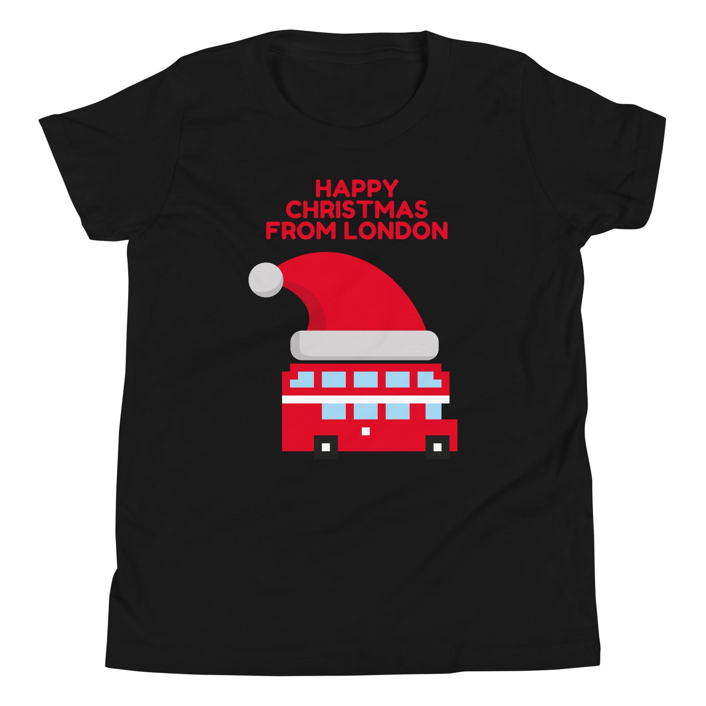 Christmas t-shirt with a festive London red double-decker bus wearing a Santa hat, perfect holiday apparel for London lovers and holiday celebrations