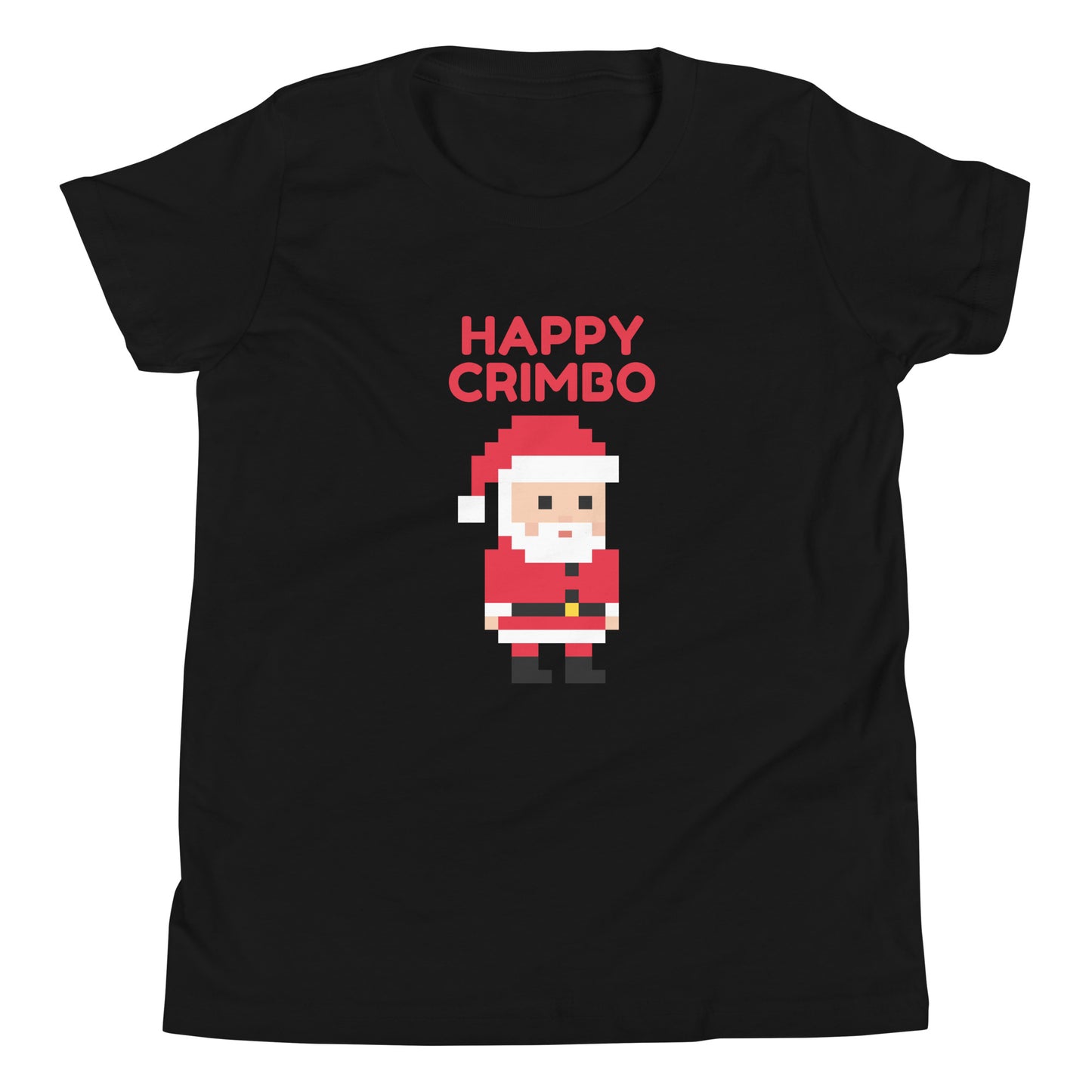 Black t-shirt featuring a pixel art Santa with the playful text ‘Happy Crimbo’ in bold red above. This British-inspired Christmas shirt adds a fun twist to holiday greetings, using the casual UK term ‘Crimbo’ for Christmas. Perfect as a unique Christmas gift for fans of British culture, pixel art, and festive holiday apparel. Ideal for shoppers seeking London-themed or UK-style Christmas presents with a modern, retro design