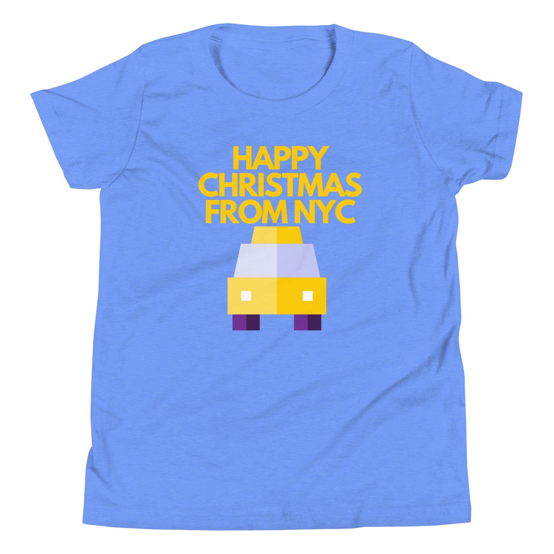 Blue t-shirt featuring a pixel art yellow NYC taxi with the festive message ‘Happy Christmas from NYC’ in bold yellow text above. This Christmas-themed shirt combines the iconic New York City cab with holiday spirit, making it an ideal Christmas gift for fans of NYC and unique holiday apparel. Perfect for Christmas shoppers looking for city-inspired holiday presents with a modern, retro twist