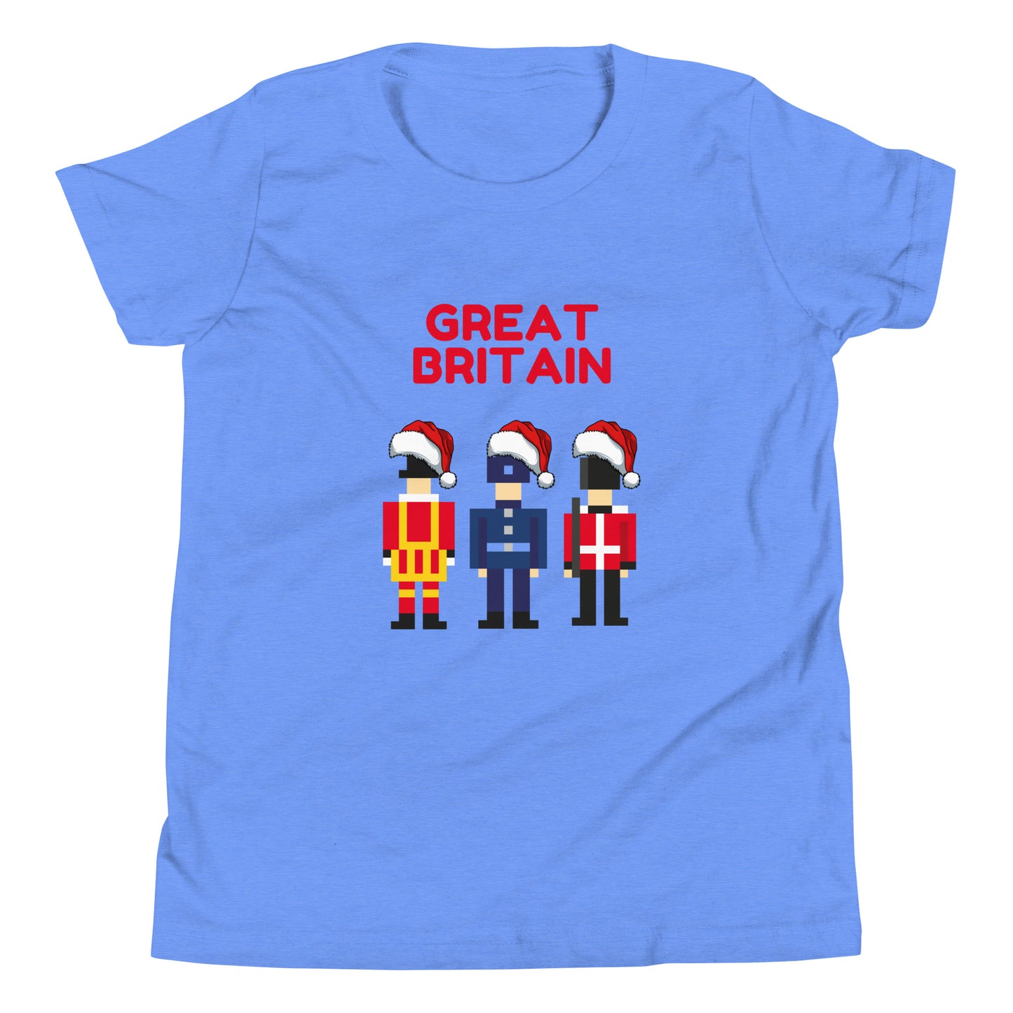 Festive blue t-shirt featuring pixel art of three British guards in traditional uniforms, each wearing a Santa hat, with the bold red text ‘Great Britain’ above. This London-themed Christmas shirt combines British tradition with holiday spirit, making it a perfect Christmas gift for fans of the UK and iconic London culture. Ideal for anyone looking for unique British holiday presents and Christmas gift ideas with a London twist