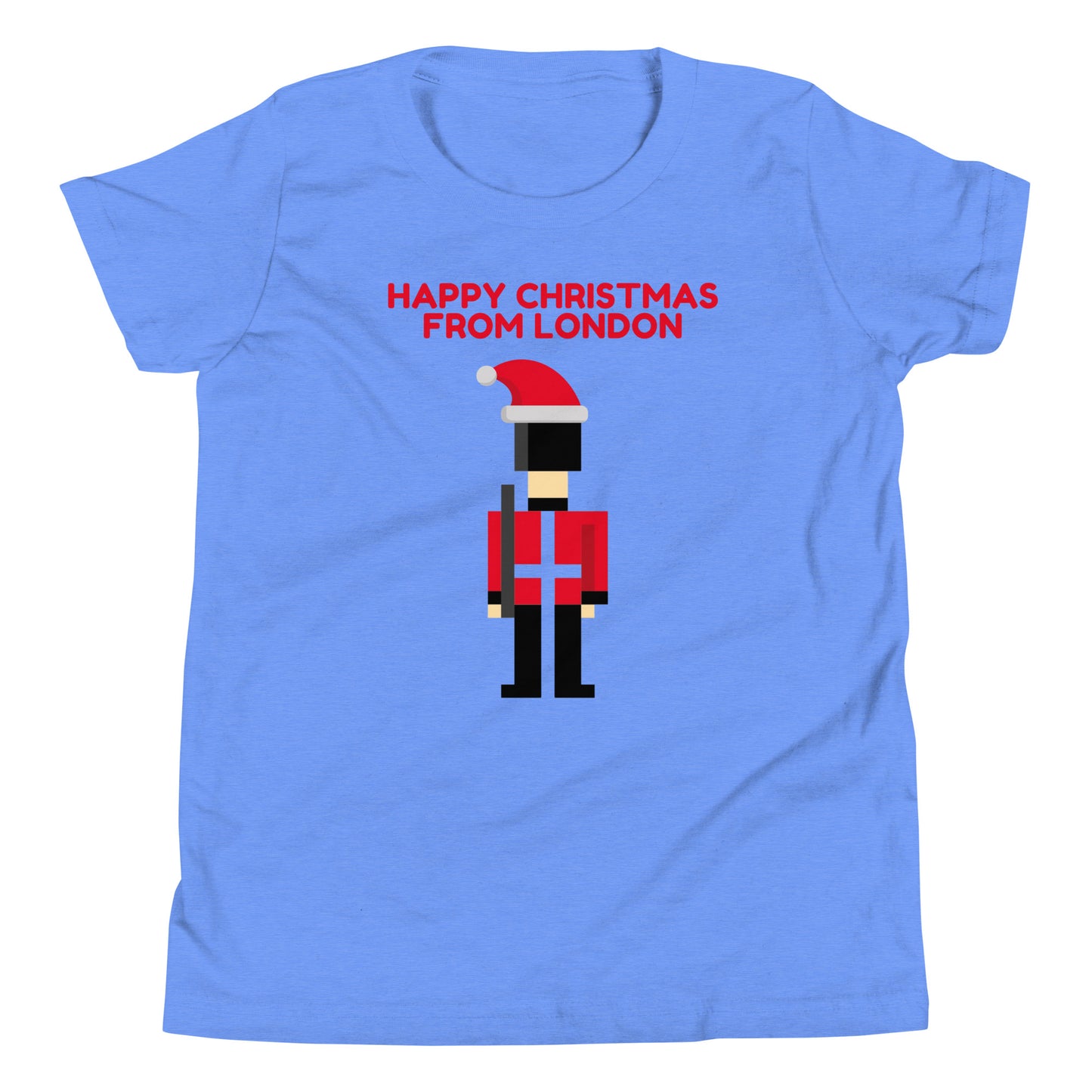 Blue t-shirt featuring pixel art of a British guard in traditional red uniform, wearing a Santa hat, with the festive red text ‘Happy Christmas from London’ above. This London-themed Christmas shirt is a perfect holiday gift for those who love British culture and iconic London imagery. Ideal for Christmas gift shoppers looking for unique UK-themed presents and festive apparel