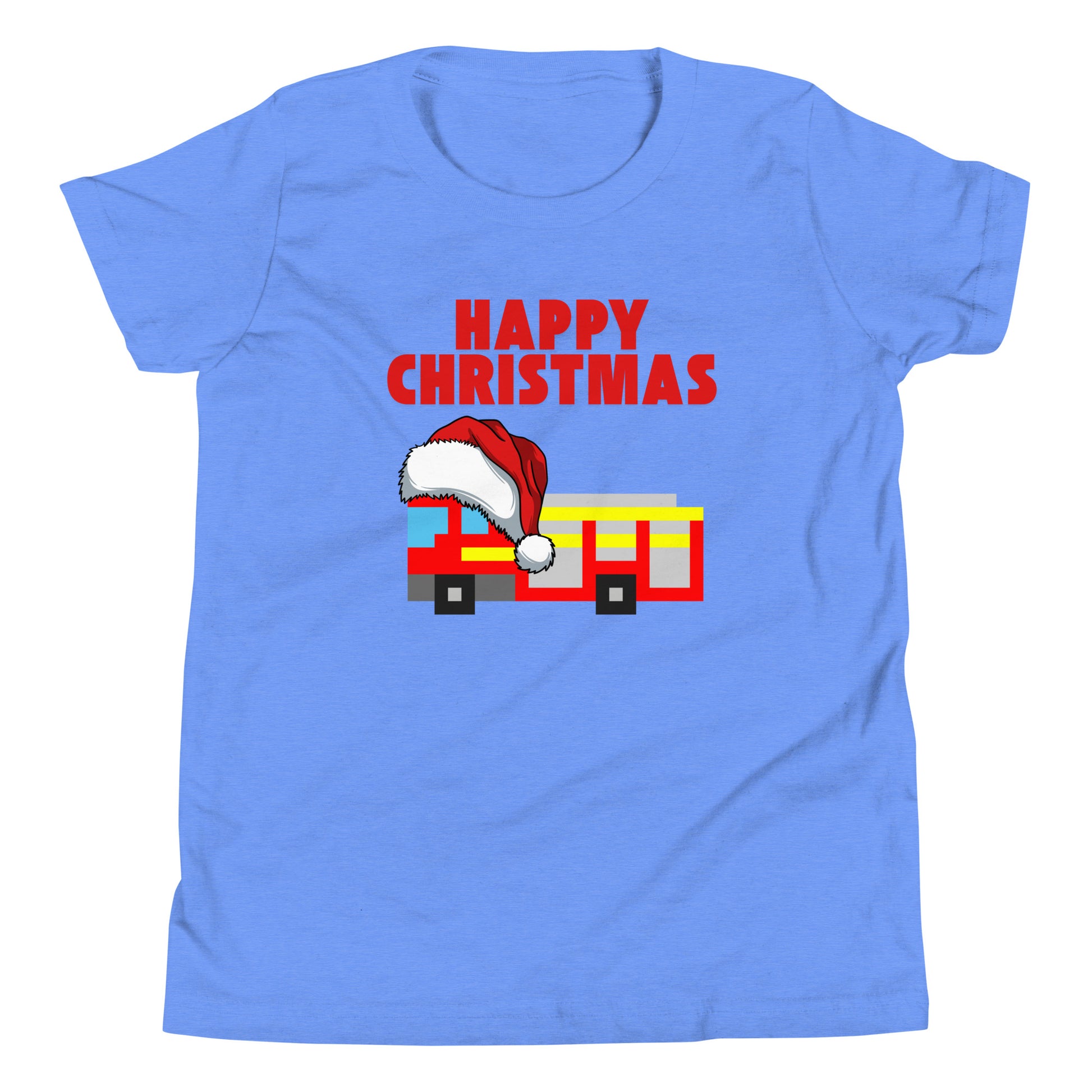 Blue t-shirt featuring a pixel art London fire truck wearing a Santa hat, with bold red text ‘Happy Christmas’ above. This festive and playful London-themed Christmas shirt is perfect for the holiday season, combining British charm with a cheerful holiday twist. An ideal Christmas gift for fans of London, unique holiday apparel, and iconic city-inspired designs.