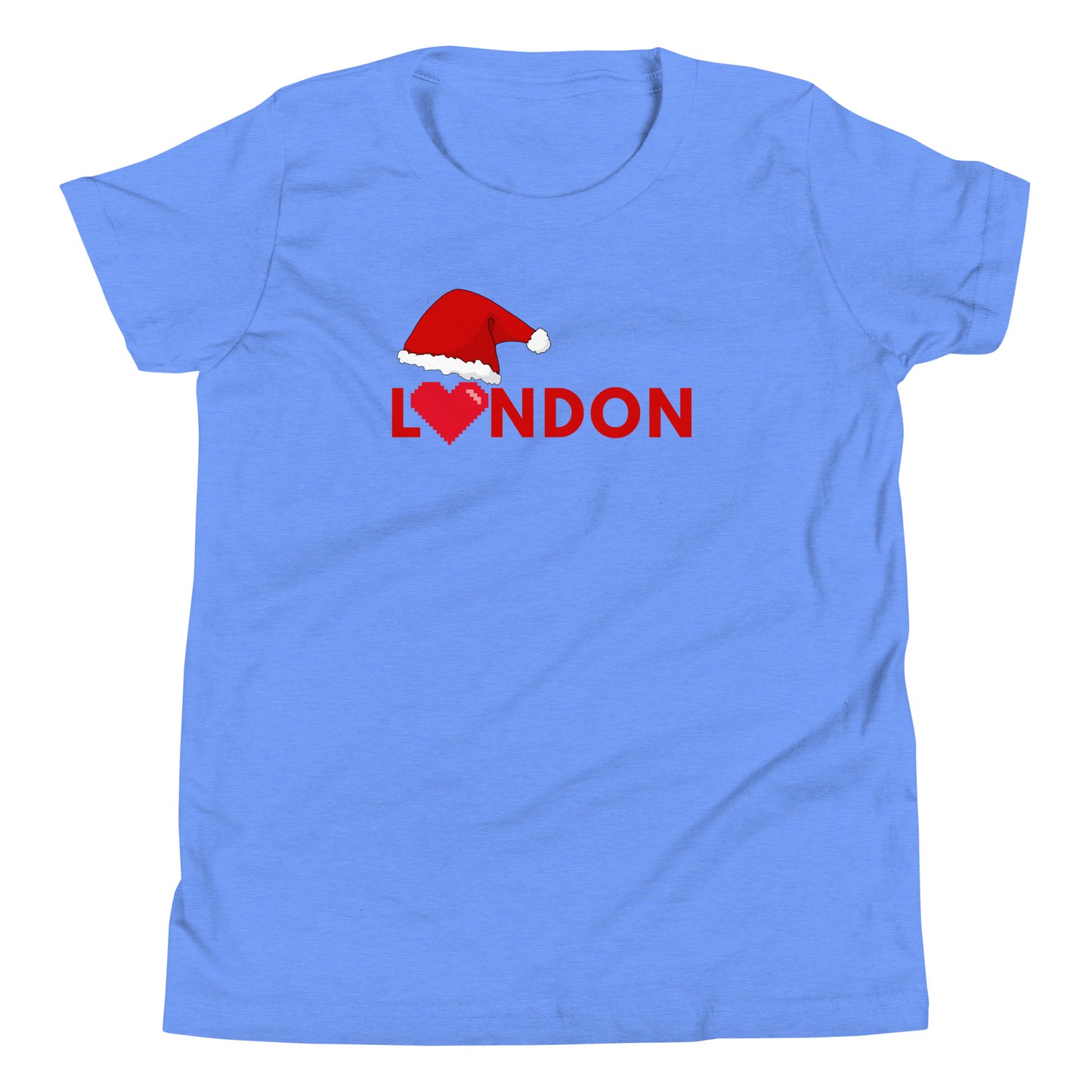 Blue t-shirt featuring the word ‘London’ in bold red letters, with a Santa hat on the ‘L’ and a pixelated heart symbolizing love for the city. This festive London-themed Christmas shirt makes a perfect holiday gift for those who adore London and British culture. Ideal for Christmas shoppers looking for unique, city-inspired presents with a modern, festive twist.