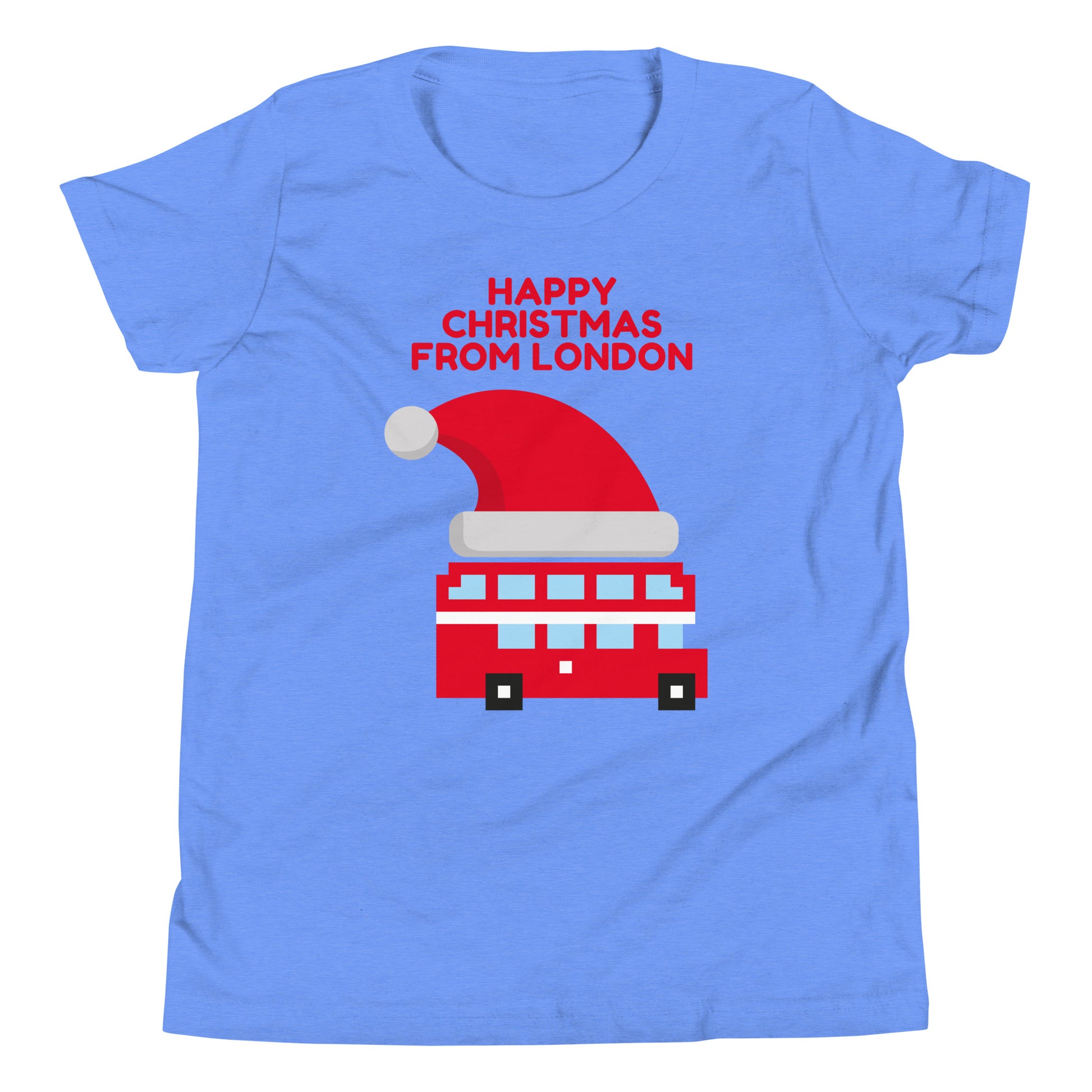 Christmas t-shirt with a festive London red double-decker bus wearing a Santa hat, perfect holiday apparel for London lovers and holiday celebrations