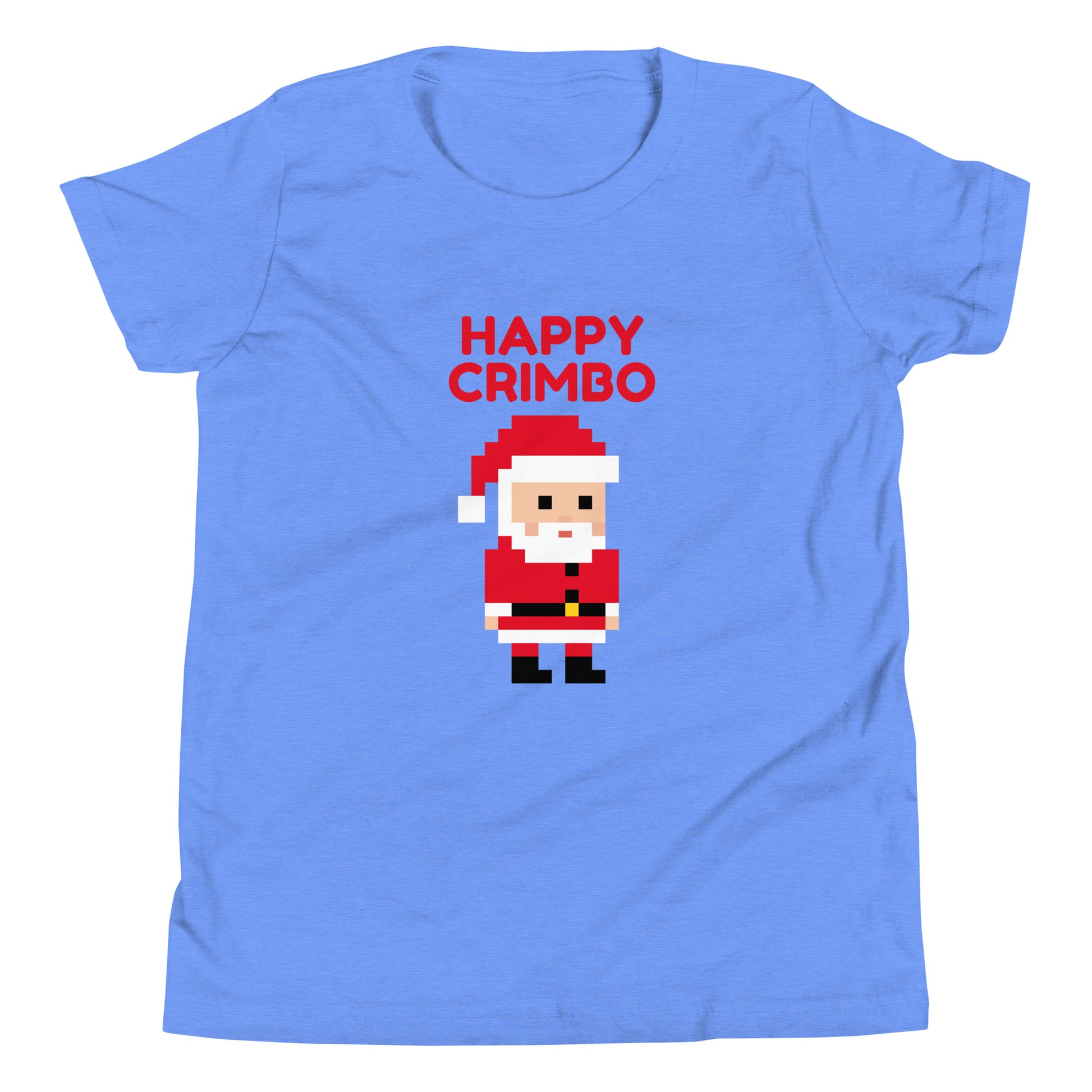 Light blue t-shirt featuring a pixel art Santa with the playful text ‘Happy Crimbo’ in bold red above. This British-inspired Christmas shirt adds a fun twist to holiday greetings, using the casual UK term ‘Crimbo’ for Christmas. Perfect as a unique Christmas gift for fans of British culture, pixel art, and festive holiday apparel. Ideal for shoppers seeking London-themed or UK-style Christmas presents with a modern, retro design