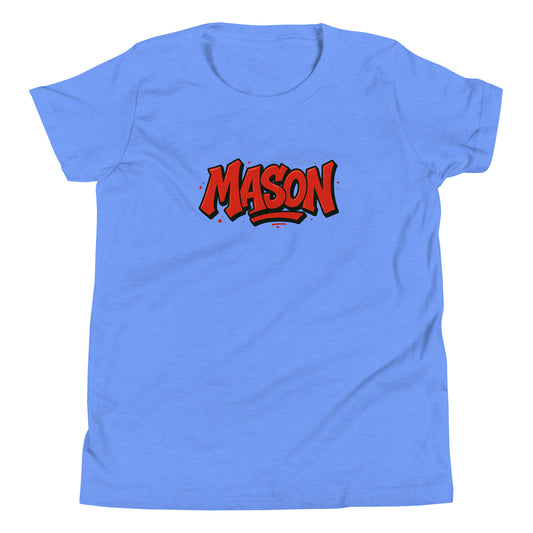 Mason: 1980s Graffiti Hip-Hop Style Design Youth Short Sleeve T-Shirt Heather Columbia Blue t-shirt
