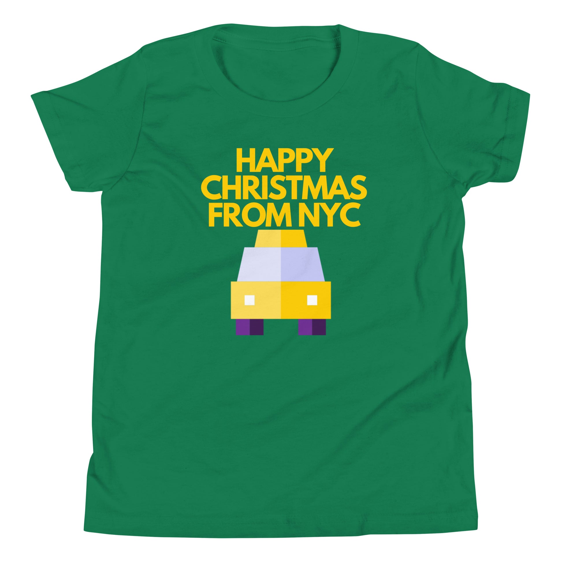 Green t-shirt featuring a pixel art yellow NYC taxi with the festive message ‘Happy Christmas from NYC’ in bold yellow text above. This Christmas-themed shirt combines the iconic New York City cab with holiday spirit, making it an ideal Christmas gift for fans of NYC and unique holiday apparel. Perfect for Christmas shoppers looking for city-inspired holiday presents with a modern, retro twist