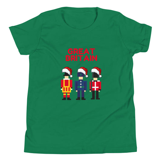 Festive green t-shirt featuring pixel art of three British guards in traditional uniforms, each wearing a Santa hat, with the bold red text ‘Great Britain’ above. This London-themed Christmas shirt combines British tradition with holiday spirit, making it a perfect Christmas gift for fans of the UK and iconic London culture. Ideal for anyone looking for unique British holiday presents and Christmas gift ideas with a London twist. 