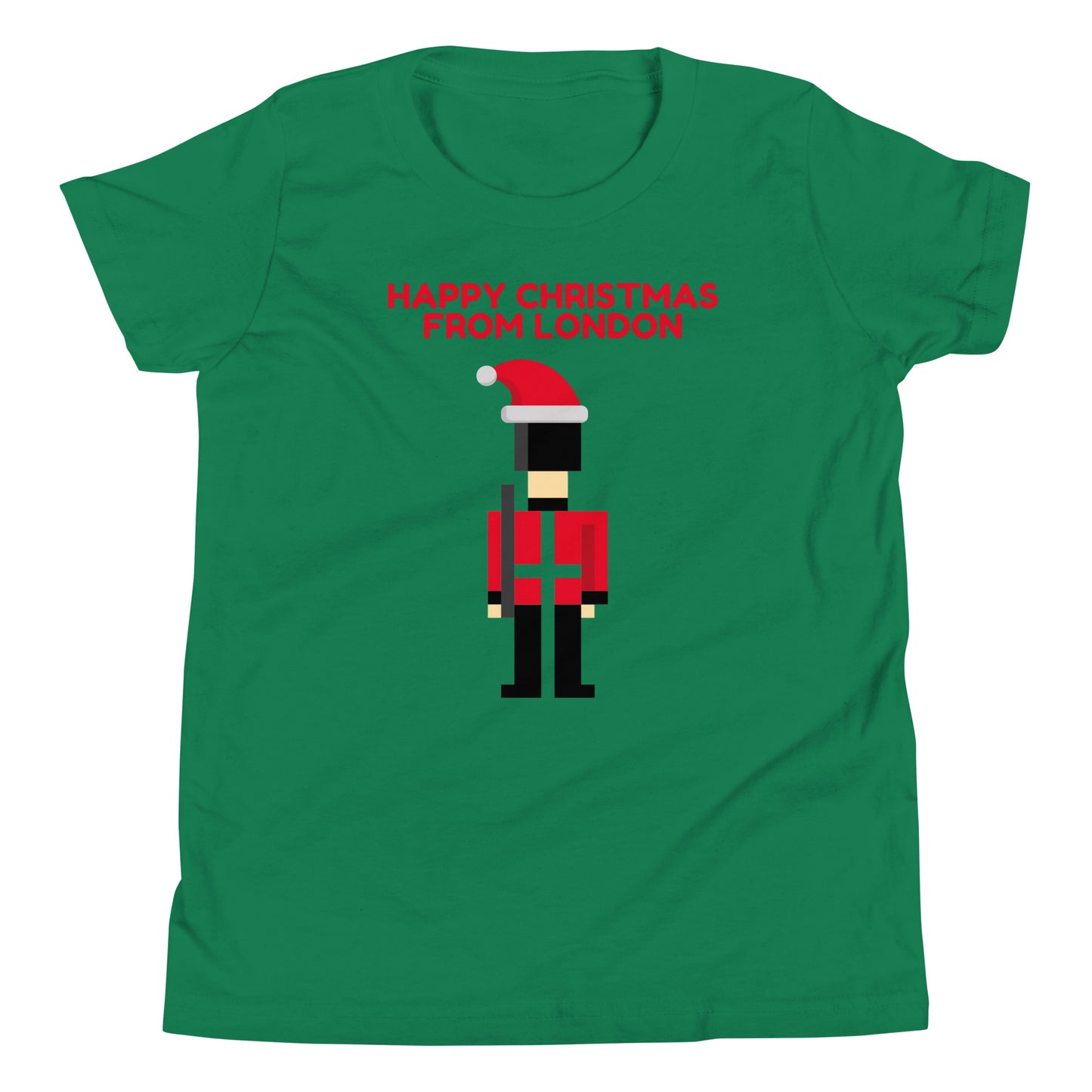 Green t-shirt featuring pixel art of a British guard in traditional red uniform, wearing a Santa hat, with the festive red text ‘Happy Christmas from London’ above. This London-themed Christmas shirt is a perfect holiday gift for those who love British culture and iconic London imagery. Ideal for Christmas gift shoppers looking for unique UK-themed presents and festive apparel