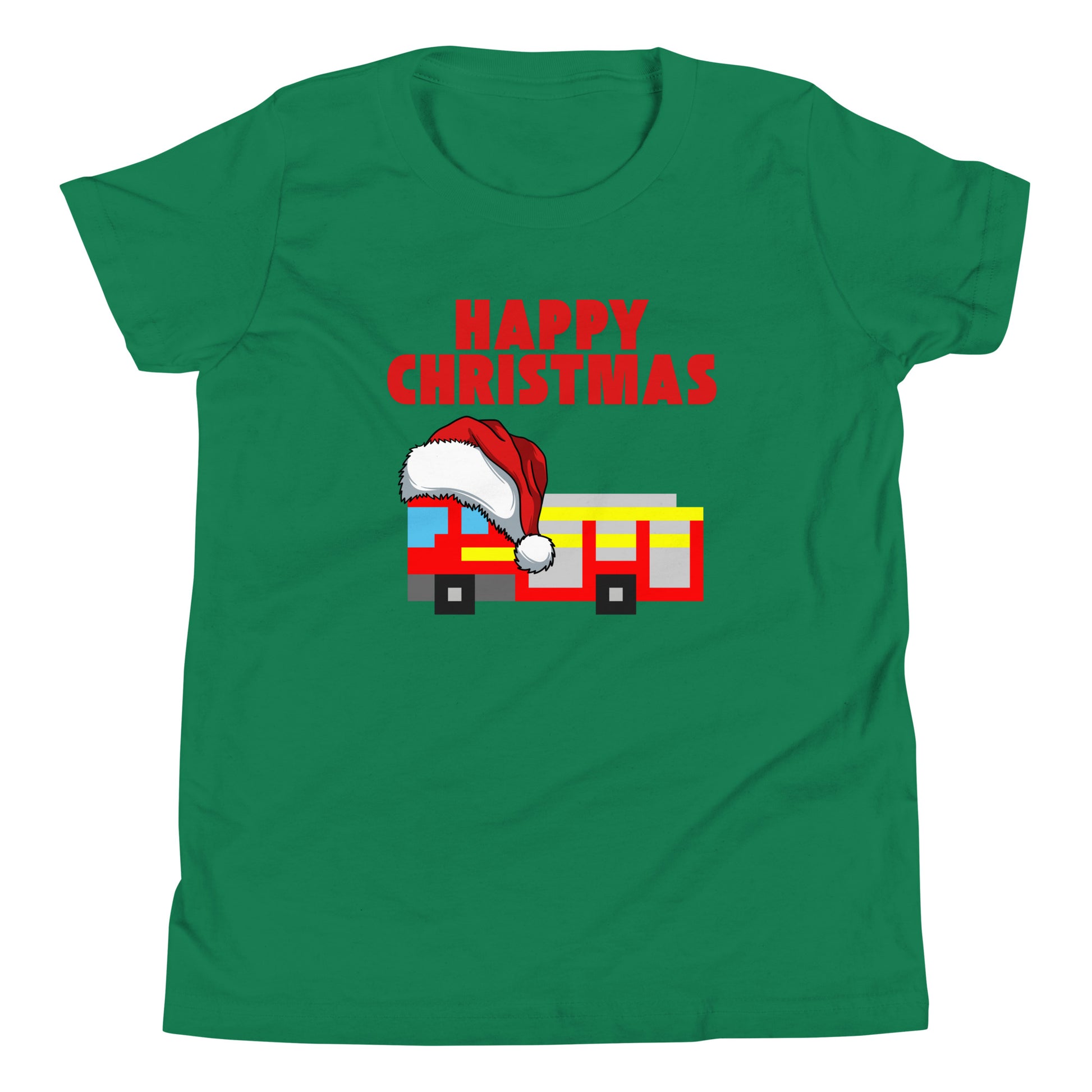 Green t-shirt featuring a pixel art London fire truck wearing a Santa hat, with bold red text ‘Happy Christmas’ above. This festive and playful London-themed Christmas shirt is perfect for the holiday season, combining British charm with a cheerful holiday twist. An ideal Christmas gift for fans of London, unique holiday apparel, and iconic city-inspired designs.