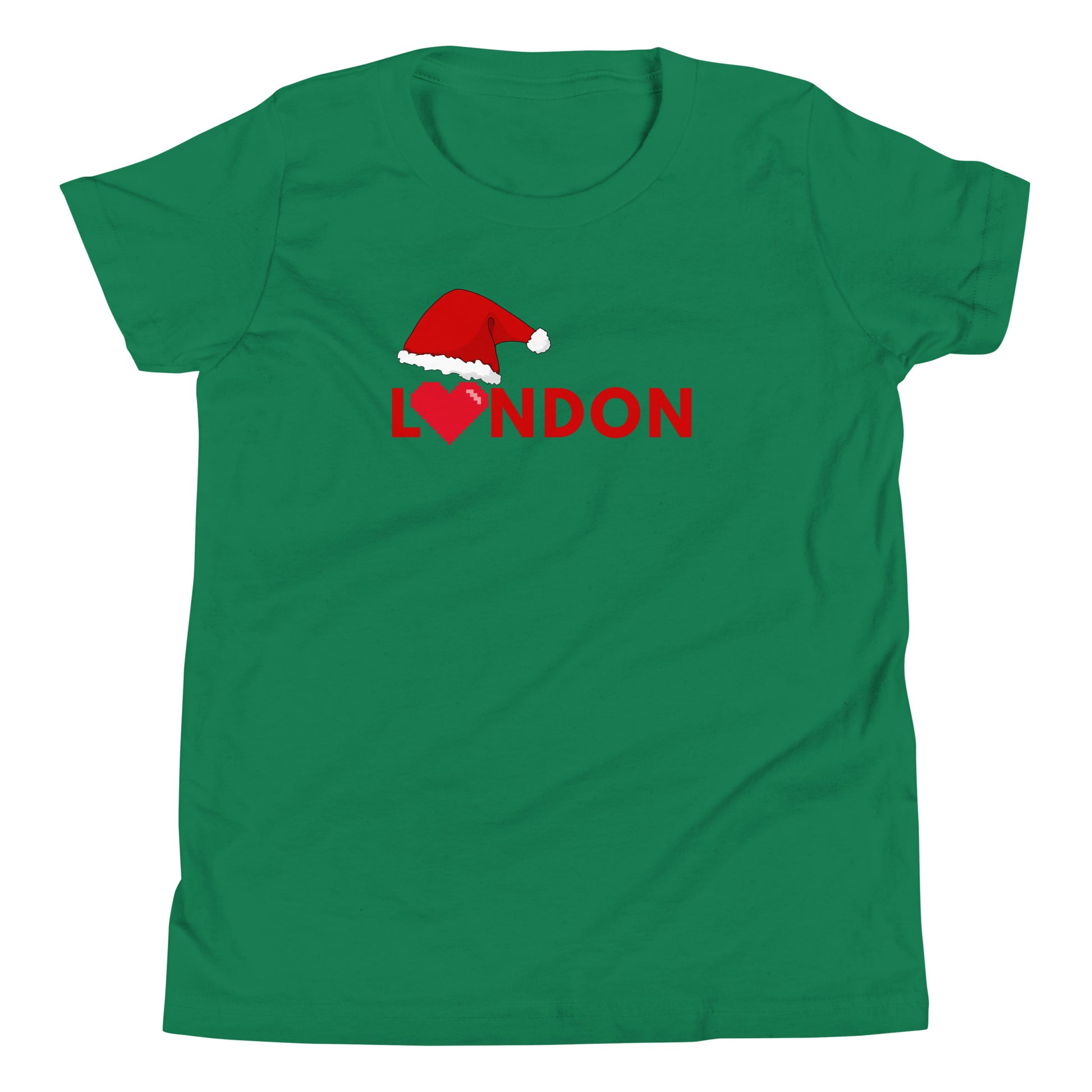 Green t-shirt featuring the word ‘London’ in bold red letters, with a Santa hat on the ‘L’ and a pixelated heart symbolizing love for the city. This festive London-themed Christmas shirt makes a perfect holiday gift for those who adore London and British culture. Ideal for Christmas shoppers looking for unique, city-inspired presents with a modern, festive twist.