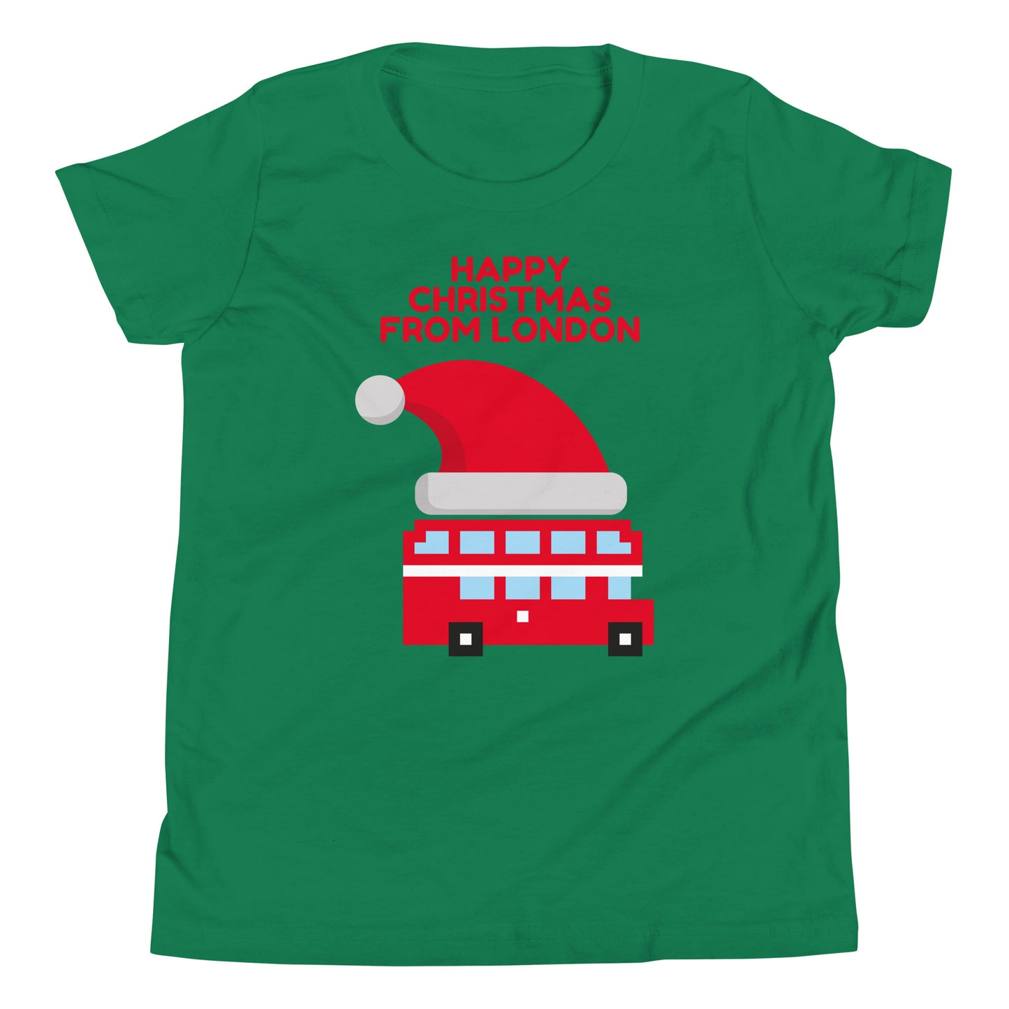 Christmas t-shirt with a festive London red double-decker bus wearing a Santa hat, perfect holiday apparel for London lovers and holiday celebrations