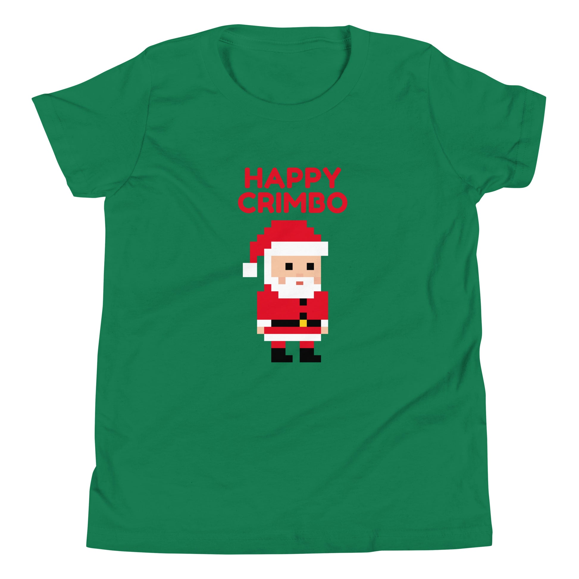 Green t-shirt featuring a pixel art Santa with the playful text ‘Happy Crimbo’ in bold red above. This British-inspired Christmas shirt adds a fun twist to holiday greetings, using the casual UK term ‘Crimbo’ for Christmas. Perfect as a unique Christmas gift for fans of British culture, pixel art, and festive holiday apparel. Ideal for shoppers seeking London-themed or UK-style Christmas presents with a modern, retro design