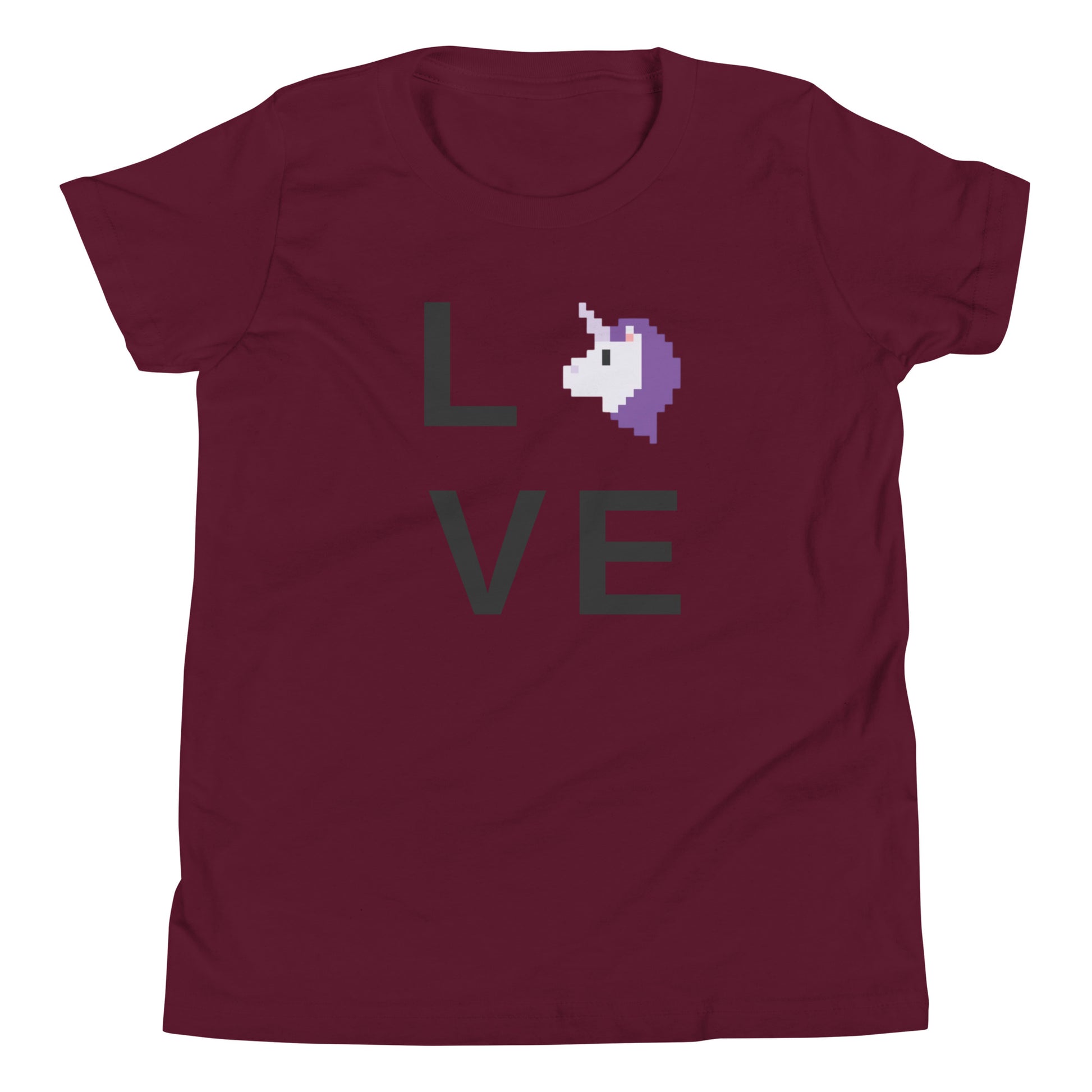 Pixel Art Unicorn replacing the O in the word Love. Design has L V E in large text and the O is now a unicorn