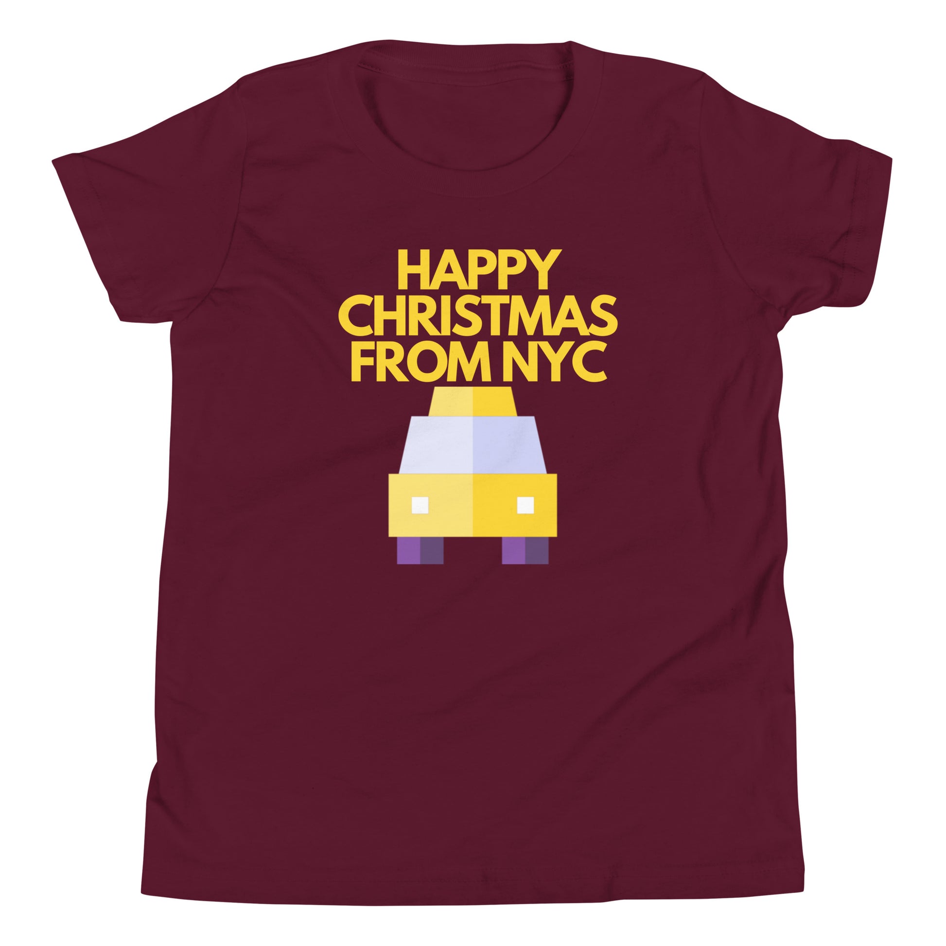 Burgundy  t-shirt featuring a pixel art yellow NYC taxi with the festive message ‘Happy Christmas from NYC’ in bold yellow text above. This Christmas-themed shirt combines the iconic New York City cab with holiday spirit, making it an ideal Christmas gift for fans of NYC and unique holiday apparel. Perfect for Christmas shoppers looking for city-inspired holiday presents with a modern, retro twist