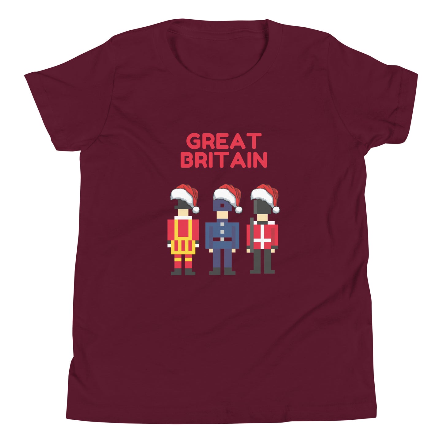 Festive burgundy t-shirt featuring pixel art of three British guards in traditional uniforms, each wearing a Santa hat, with the bold red text ‘Great Britain’ above. This London-themed Christmas shirt combines British tradition with holiday spirit, making it a perfect Christmas gift for fans of the UK and iconic London culture. Ideal for anyone looking for unique British holiday presents and Christmas gift ideas with a London twist