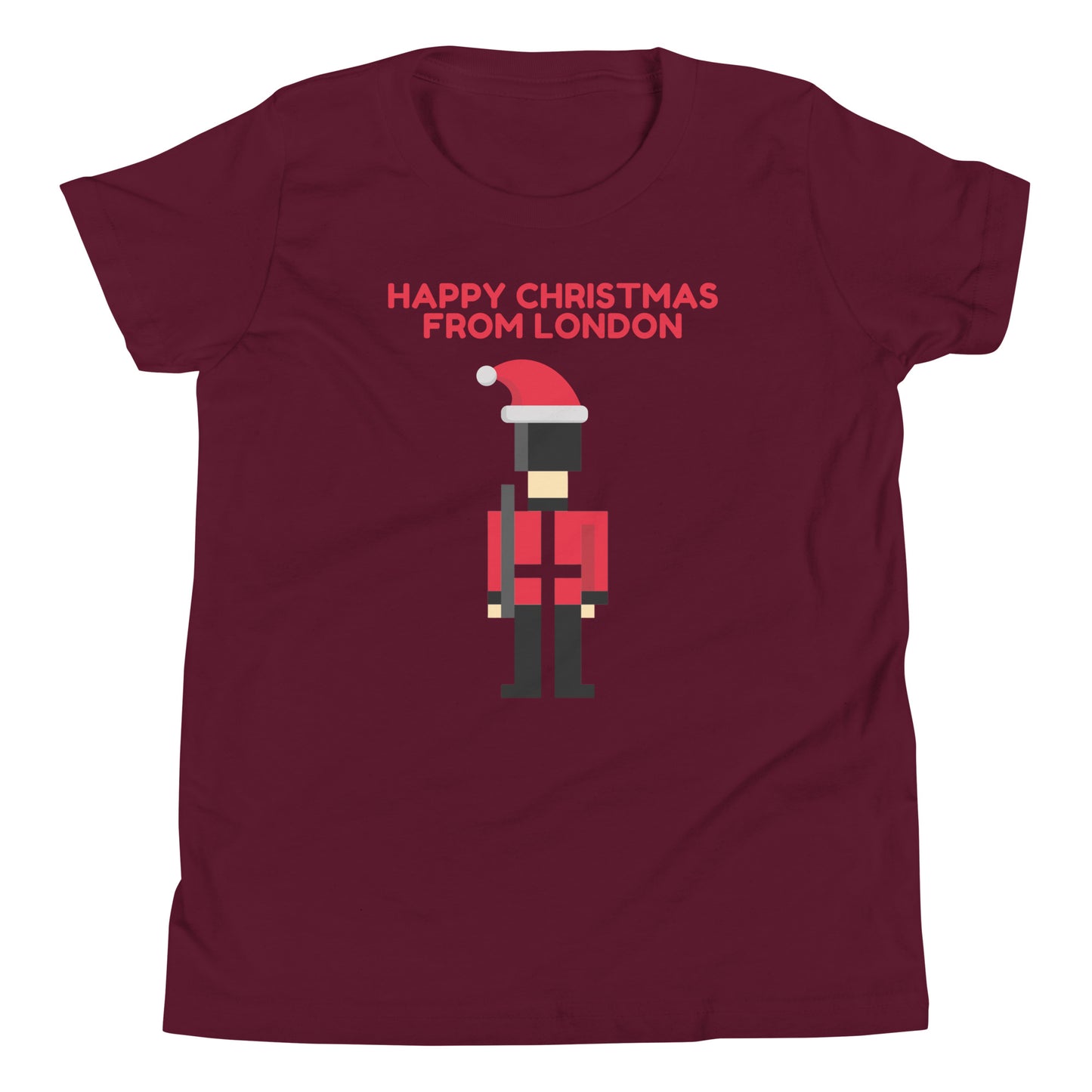 Burgundy t-shirt featuring pixel art of a British guard in traditional red uniform, wearing a Santa hat, with the festive red text ‘Happy Christmas from London’ above. This London-themed Christmas shirt is a perfect holiday gift for those who love British culture and iconic London imagery. Ideal for Christmas gift shoppers looking for unique UK-themed presents and festive apparel