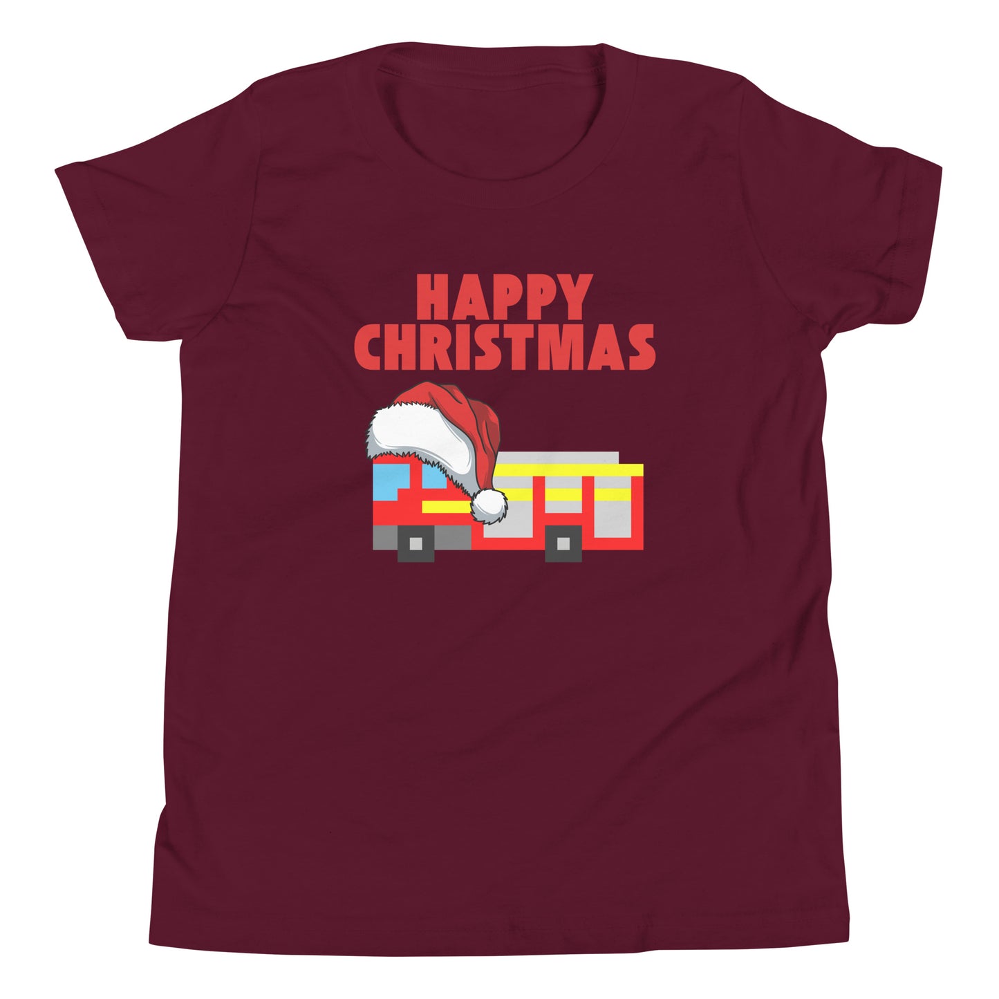 Burgundy t-shirt featuring a pixel art London fire truck wearing a Santa hat, with bold red text ‘Happy Christmas’ above. This festive and playful London-themed Christmas shirt is perfect for the holiday season, combining British charm with a cheerful holiday twist. An ideal Christmas gift for fans of London, unique holiday apparel, and iconic city-inspired designs.