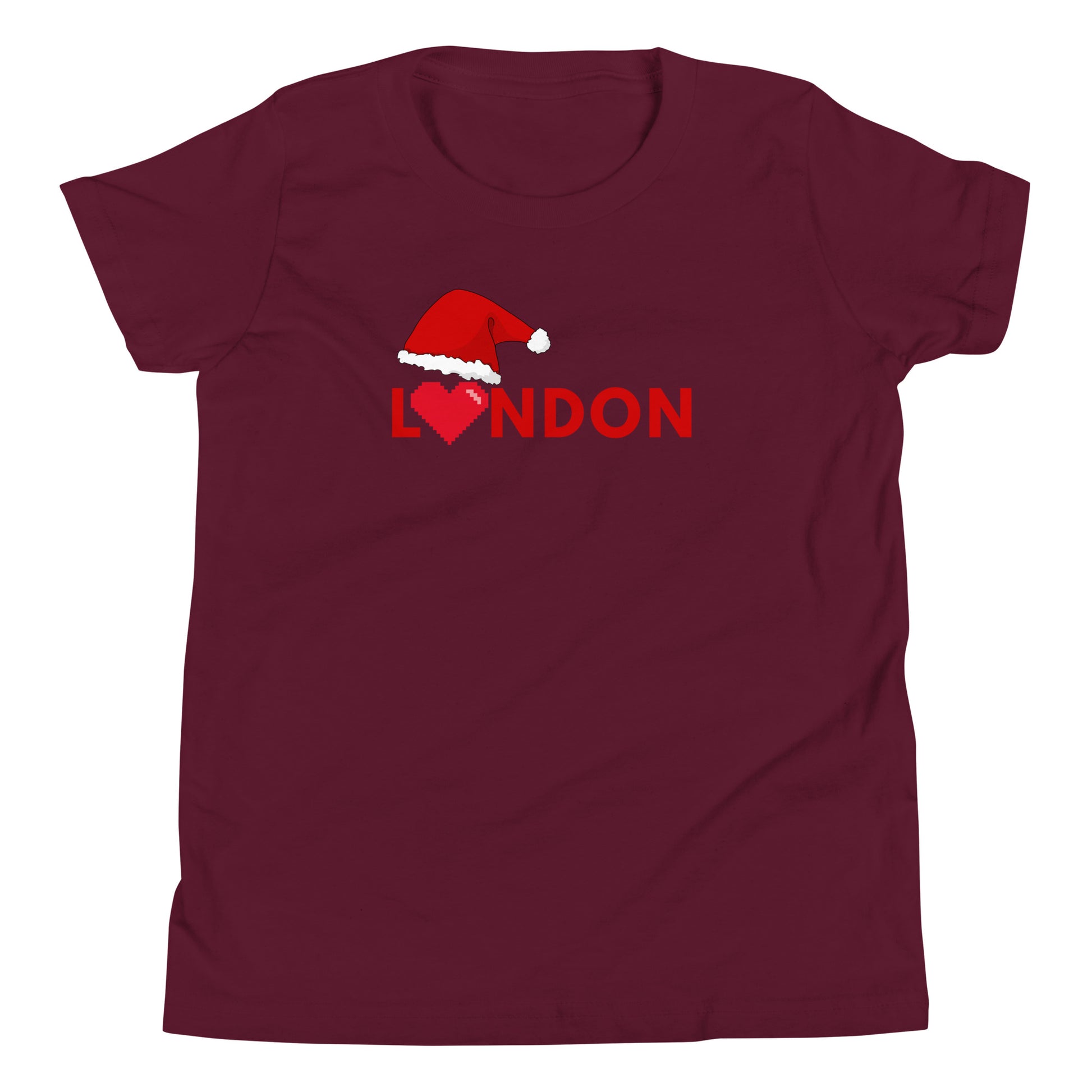 Burgundy t-shirt featuring the word ‘London’ in bold red letters, with a Santa hat on the ‘L’ and a pixelated heart symbolizing love for the city. This festive London-themed Christmas shirt makes a perfect holiday gift for those who adore London and British culture. Ideal for Christmas shoppers looking for unique, city-inspired presents with a modern, festive twist.