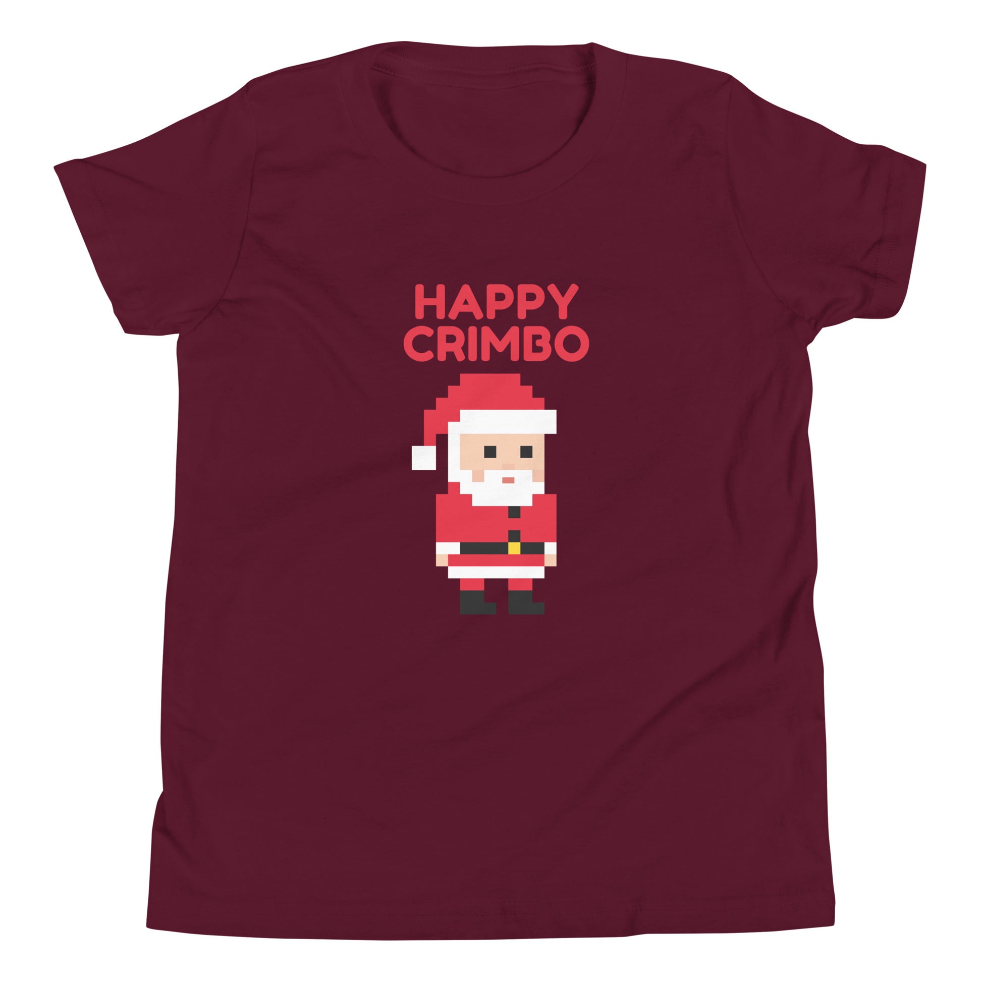 Burgundy t-shirt featuring a pixel art Santa with the playful text ‘Happy Crimbo’ in bold red above. This British-inspired Christmas shirt adds a fun twist to holiday greetings, using the casual UK term ‘Crimbo’ for Christmas. Perfect as a unique Christmas gift for fans of British culture, pixel art, and festive holiday apparel. Ideal for shoppers seeking London-themed or UK-style Christmas presents with a modern, retro design