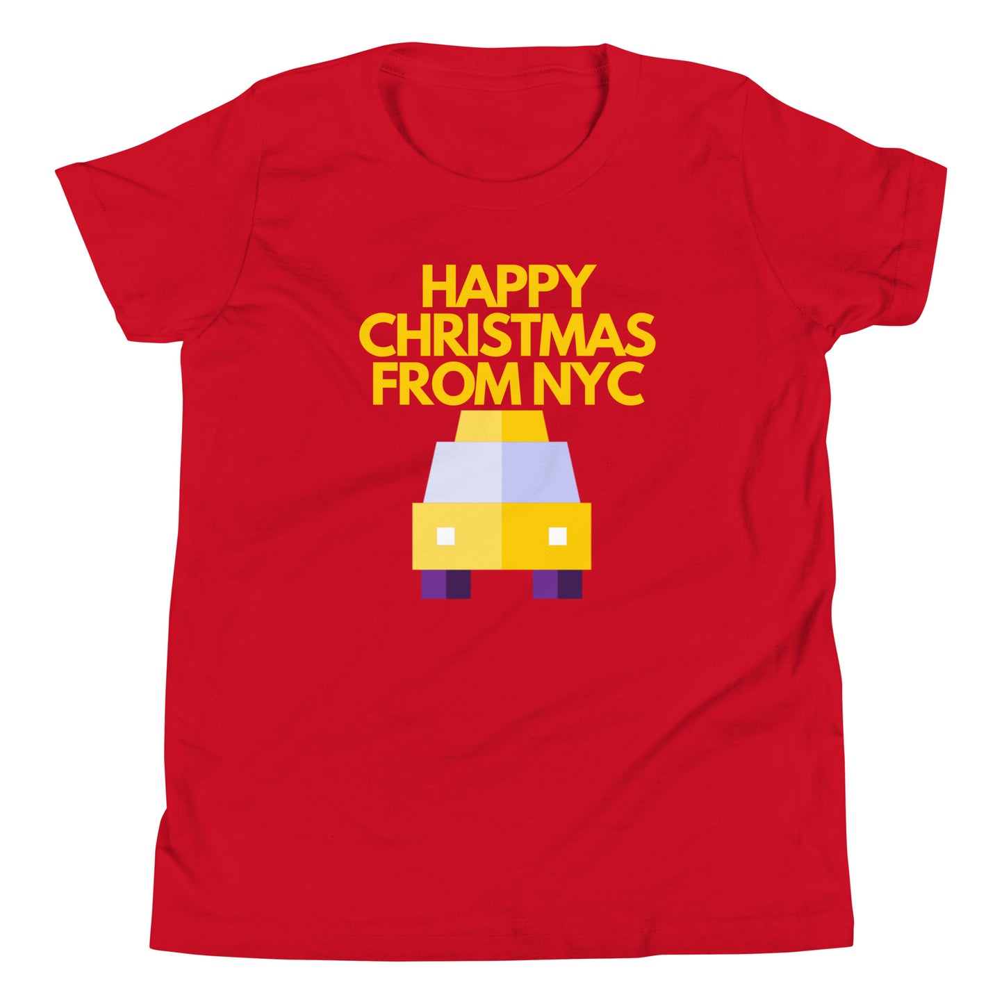 Red t-shirt featuring a pixel art yellow NYC taxi with the festive message ‘Happy Christmas from NYC’ in bold yellow text above. This Christmas-themed shirt combines the iconic New York City cab with holiday spirit, making it an ideal Christmas gift for fans of NYC and unique holiday apparel. Perfect for Christmas shoppers looking for city-inspired holiday presents with a modern, retro twist