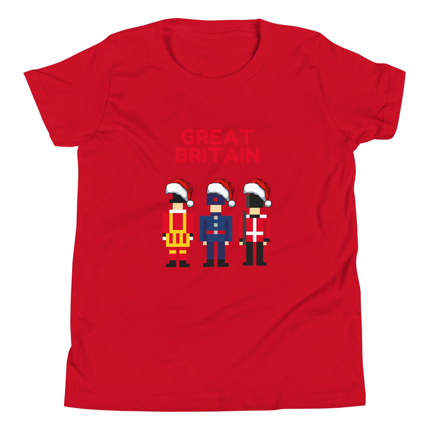 Festive red t-shirt featuring pixel art of three British guards in traditional uniforms, each wearing a Santa hat, with the bold red text ‘Great Britain’ above. This London-themed Christmas shirt combines British tradition with holiday spirit, making it a perfect Christmas gift for fans of the UK and iconic London culture. Ideal for anyone looking for unique British holiday presents and Christmas gift ideas with a London twist