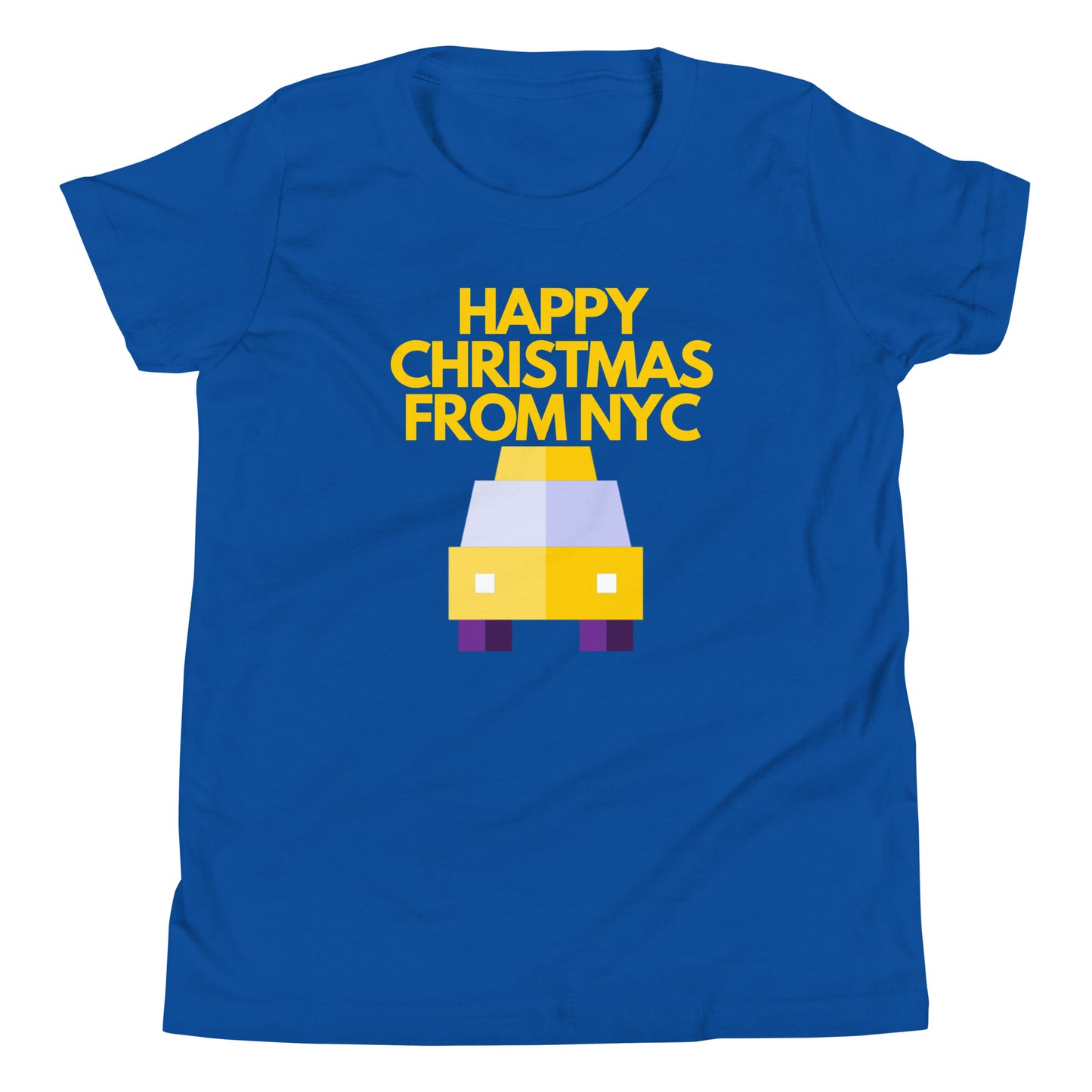 Blue t-shirt featuring a pixel art yellow NYC taxi with the festive message ‘Happy Christmas from NYC’ in bold yellow text above. This Christmas-themed shirt combines the iconic New York City cab with holiday spirit, making it an ideal Christmas gift for fans of NYC and unique holiday apparel. Perfect for Christmas shoppers looking for city-inspired holiday presents with a modern, retro twist