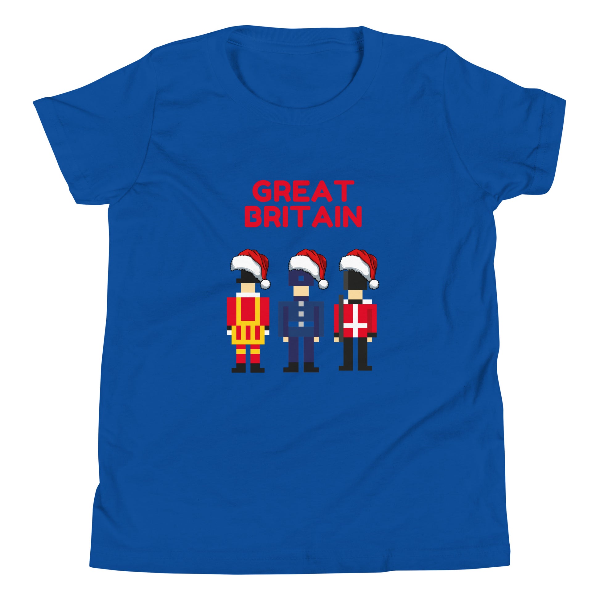 Festive blue t-shirt featuring pixel art of three British guards in traditional uniforms, each wearing a Santa hat, with the bold red text ‘Great Britain’ above. This London-themed Christmas shirt combines British tradition with holiday spirit, making it a perfect Christmas gift for fans of the UK and iconic London culture. Ideal for anyone looking for unique British holiday presents and Christmas gift ideas with a London twist