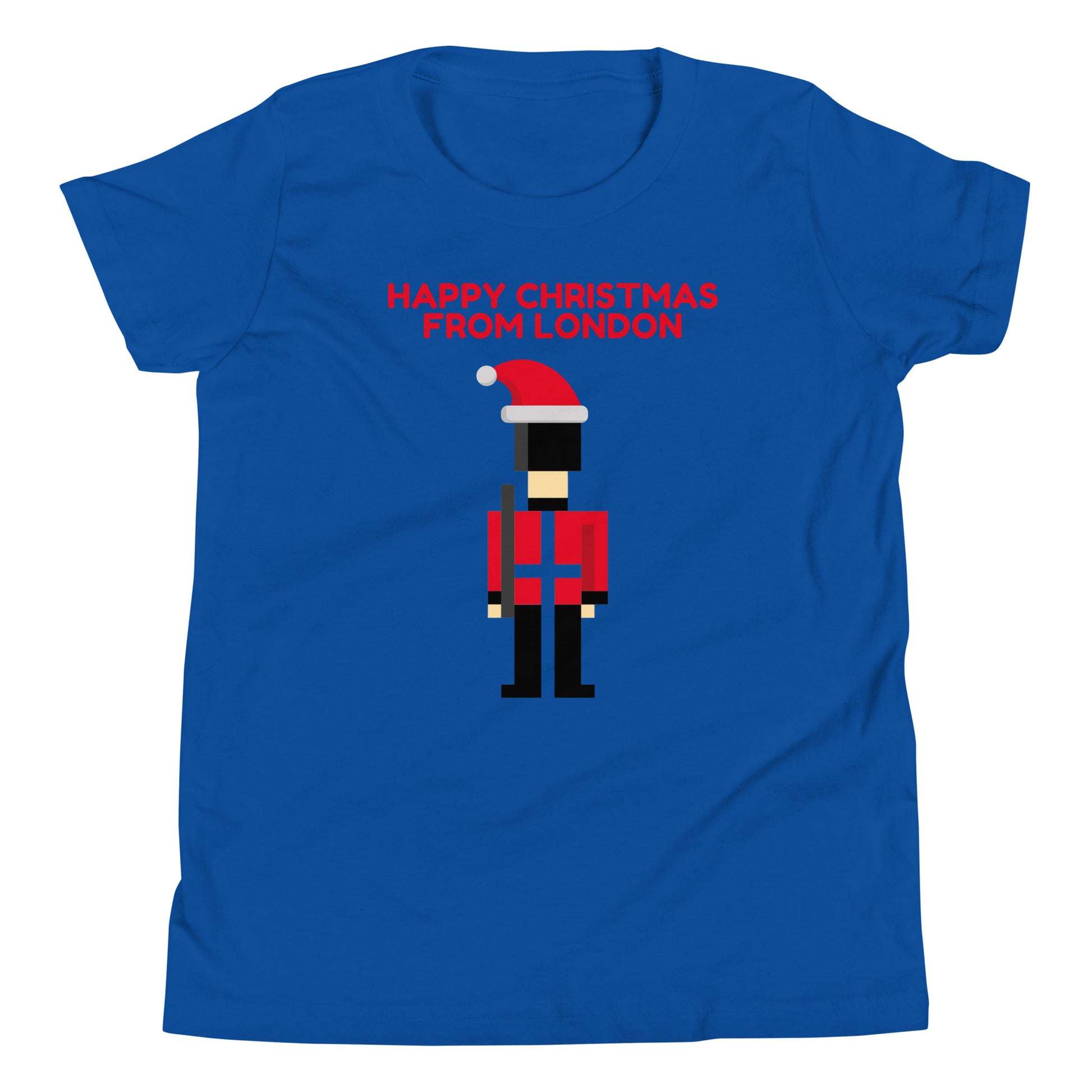 Blue t-shirt featuring pixel art of a British guard in traditional red uniform, wearing a Santa hat, with the festive red text ‘Happy Christmas from London’ above. This London-themed Christmas shirt is a perfect holiday gift for those who love British culture and iconic London imagery. Ideal for Christmas gift shoppers looking for unique UK-themed presents and festive apparel