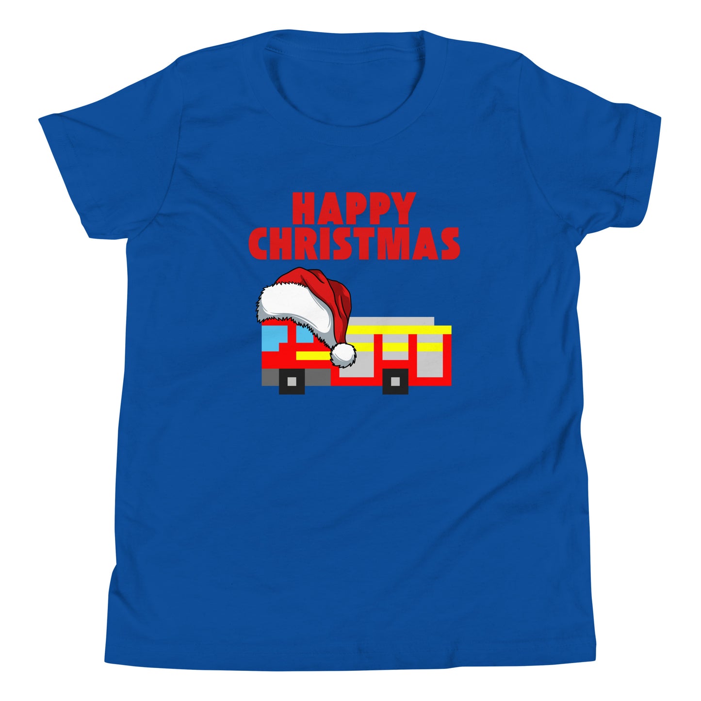 Blue t-shirt featuring a pixel art London fire truck wearing a Santa hat, with bold red text ‘Happy Christmas’ above. This festive and playful London-themed Christmas shirt is perfect for the holiday season, combining British charm with a cheerful holiday twist. An ideal Christmas gift for fans of London, unique holiday apparel, and iconic city-inspired designs.