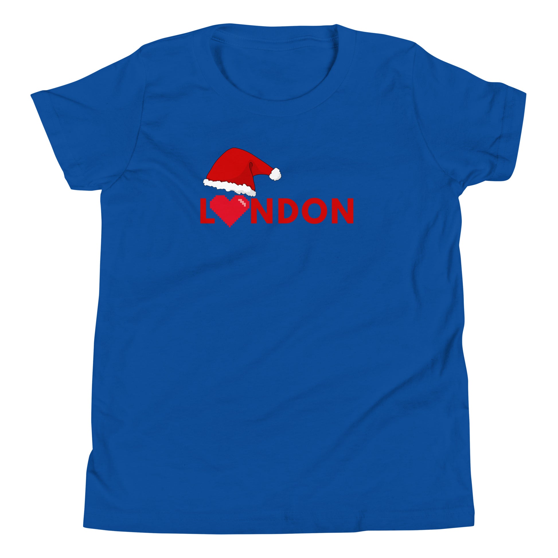 Blue t-shirt featuring the word ‘London’ in bold red letters, with a Santa hat on the ‘L’ and a pixelated heart symbolizing love for the city. This festive London-themed Christmas shirt makes a perfect holiday gift for those who adore London and British culture. Ideal for Christmas shoppers looking for unique, city-inspired presents with a modern, festive twist.