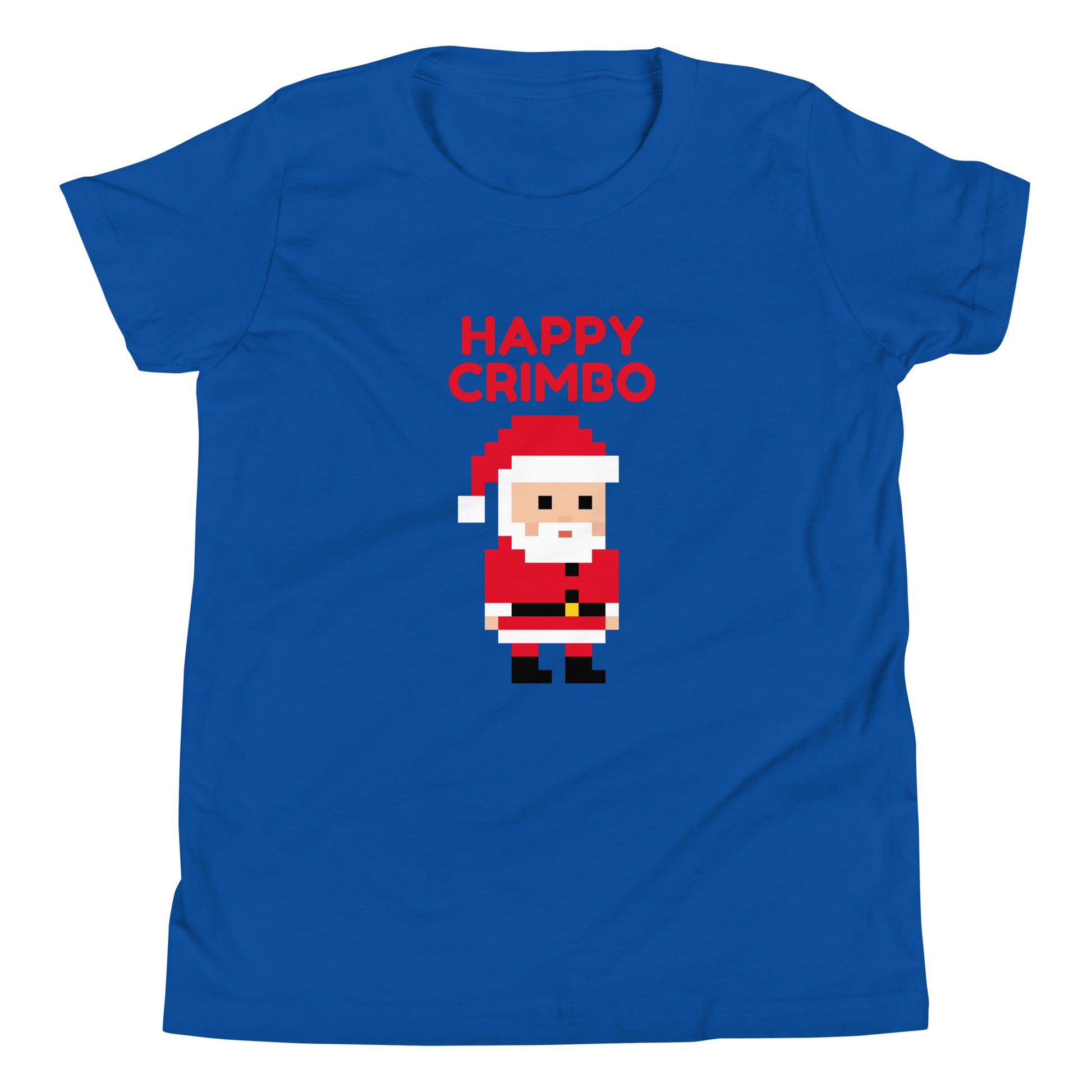 Royal blue t-shirt featuring a pixel art Santa with the playful text ‘Happy Crimbo’ in bold red above. This British-inspired Christmas shirt adds a fun twist to holiday greetings, using the casual UK term ‘Crimbo’ for Christmas. Perfect as a unique Christmas gift for fans of British culture, pixel art, and festive holiday apparel. Ideal for shoppers seeking London-themed or UK-style Christmas presents with a modern, retro design