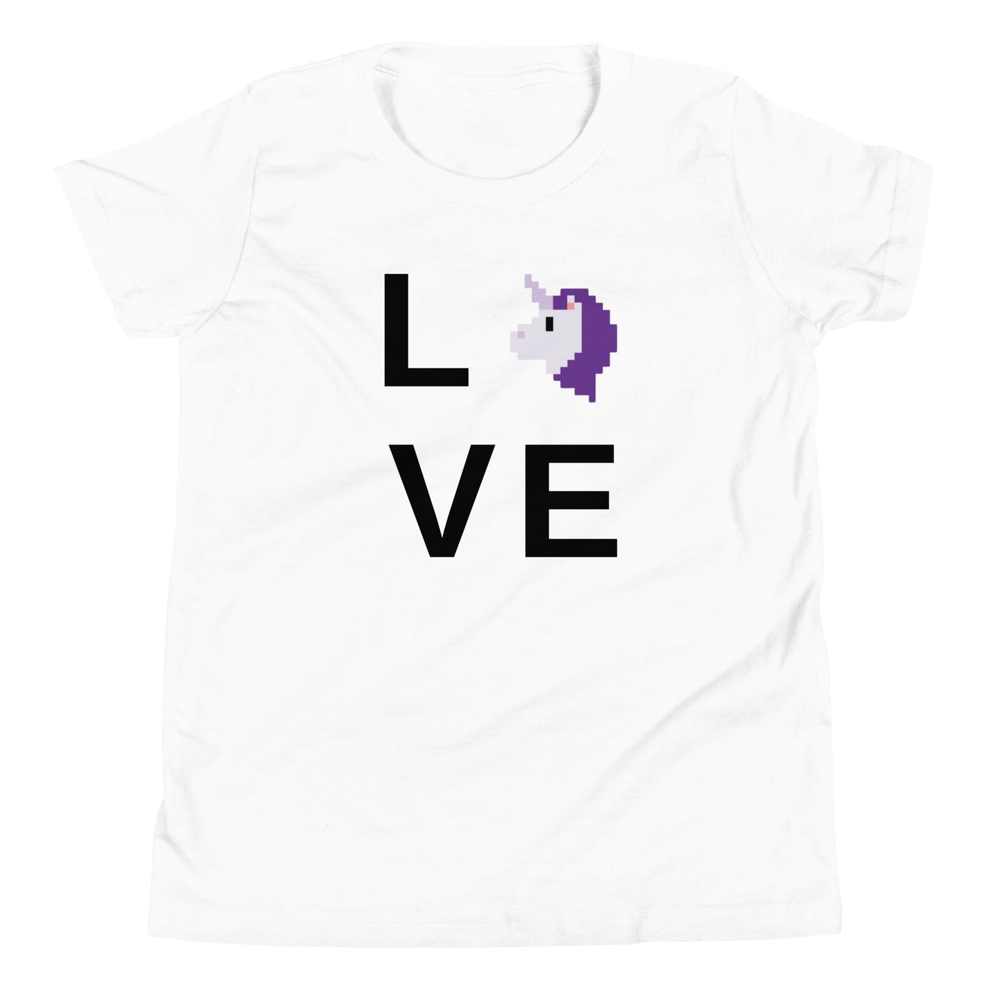 Pixel Art Unicorn replacing the O in the word Love. Design has L V E in large text and the O is now a unicorn