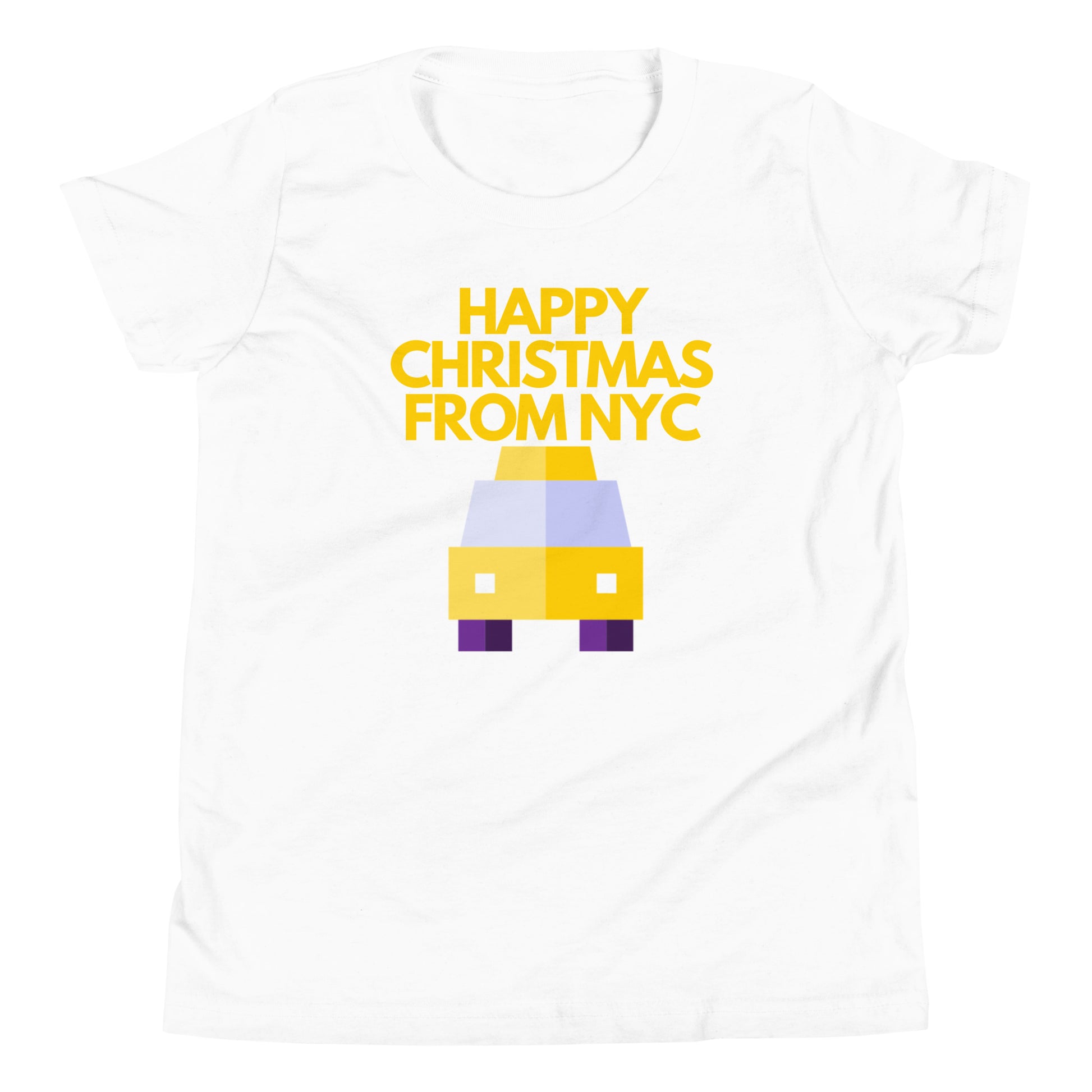 White t-shirt featuring a pixel art yellow NYC taxi with the festive message ‘Happy Christmas from NYC’ in bold yellow text above. This Christmas-themed shirt combines the iconic New York City cab with holiday spirit, making it an ideal Christmas gift for fans of NYC and unique holiday apparel. Perfect for Christmas shoppers looking for city-inspired holiday presents with a modern, retro twist