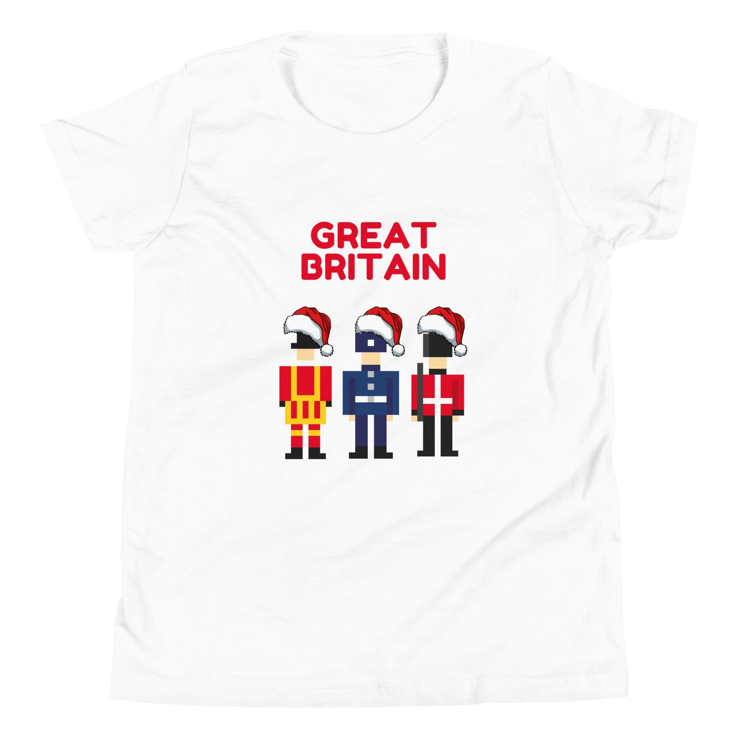 Festive white t-shirt featuring pixel art of three British guards in traditional uniforms, each wearing a Santa hat, with the bold red text ‘Great Britain’ above. This London-themed Christmas shirt combines British tradition with holiday spirit, making it a perfect Christmas gift for fans of the UK and iconic London culture. Ideal for anyone looking for unique British holiday presents and Christmas gift ideas with a London twist