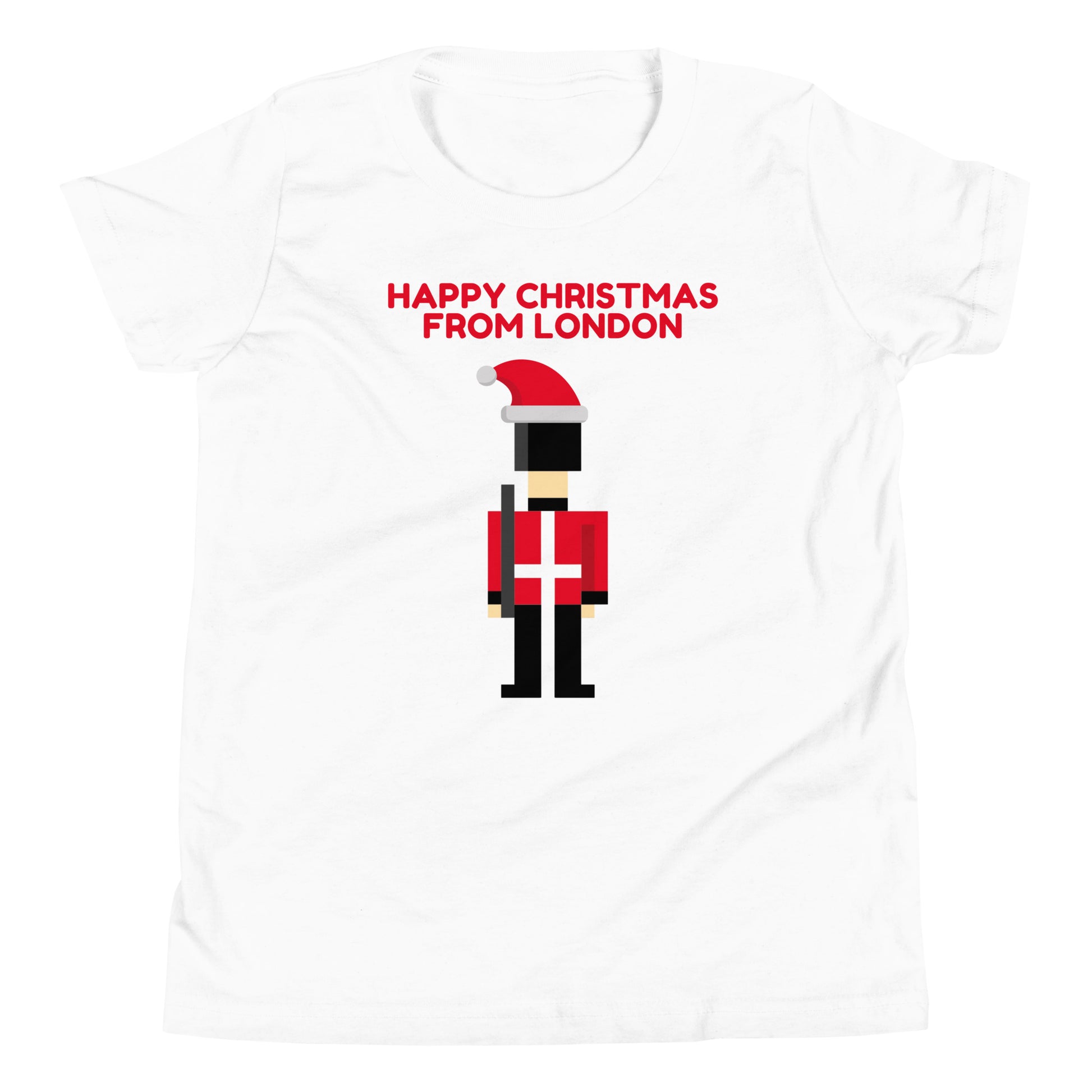 White t-shirt featuring pixel art of a British guard in traditional red uniform, wearing a Santa hat, with the festive red text ‘Happy Christmas from London’ above. This London-themed Christmas shirt is a perfect holiday gift for those who love British culture and iconic London imagery. Ideal for Christmas gift shoppers looking for unique UK-themed presents and festive apparel