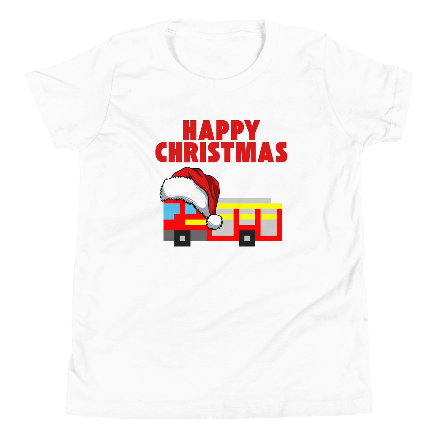 White t-shirt featuring a pixel art London fire truck wearing a Santa hat, with bold red text ‘Happy Christmas’ above. This festive and playful London-themed Christmas shirt is perfect for the holiday season, combining British charm with a cheerful holiday twist. An ideal Christmas gift for fans of London, unique holiday apparel, and iconic city-inspired designs.