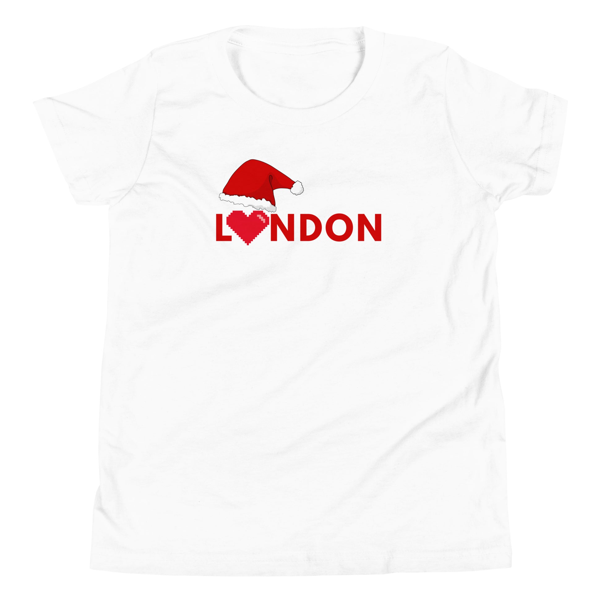 White t-shirt featuring the word ‘London’ in bold red letters, with a Santa hat on the ‘L’ and a pixelated heart symbolizing love for the city. This festive London-themed Christmas shirt makes a perfect holiday gift for those who adore London and British culture. Ideal for Christmas shoppers looking for unique, city-inspired presents with a modern, festive twist.