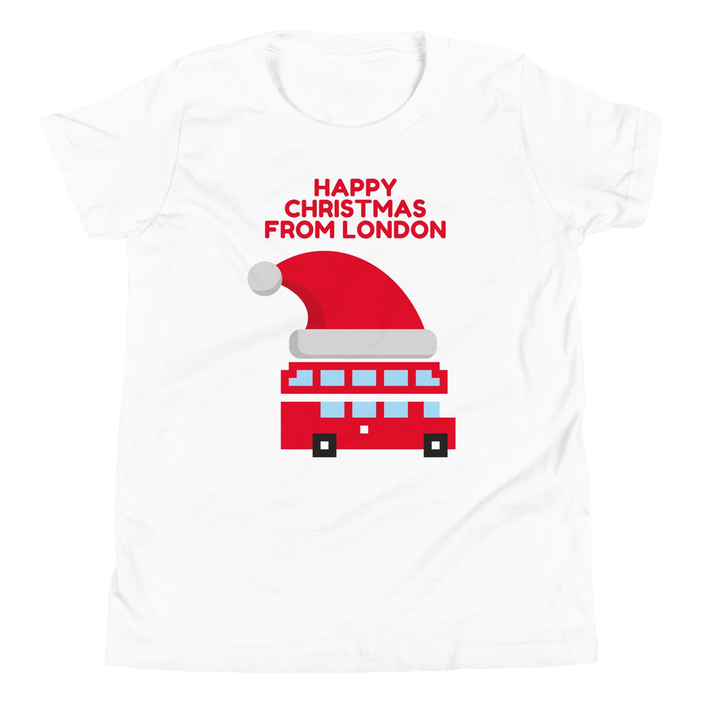 Christmas t-shirt with a festive London red double-decker bus wearing a Santa hat, perfect holiday apparel for London lovers and holiday celebrations