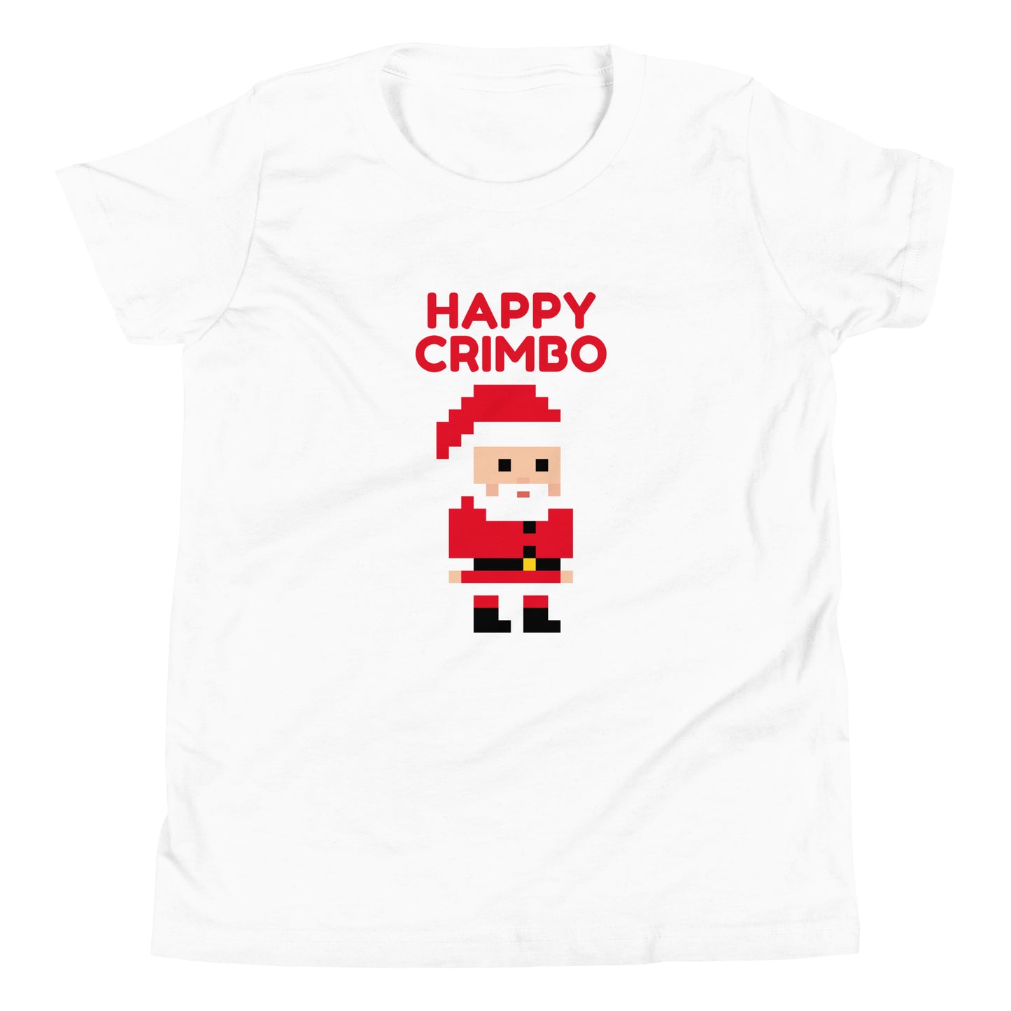 White t-shirt featuring a pixel art Santa with the playful text ‘Happy Crimbo’ in bold red above. This British-inspired Christmas shirt adds a fun twist to holiday greetings, using the casual UK term ‘Crimbo’ for Christmas. Perfect as a unique Christmas gift for fans of British culture, pixel art, and festive holiday apparel. Ideal for shoppers seeking London-themed or UK-style Christmas presents with a modern, retro design